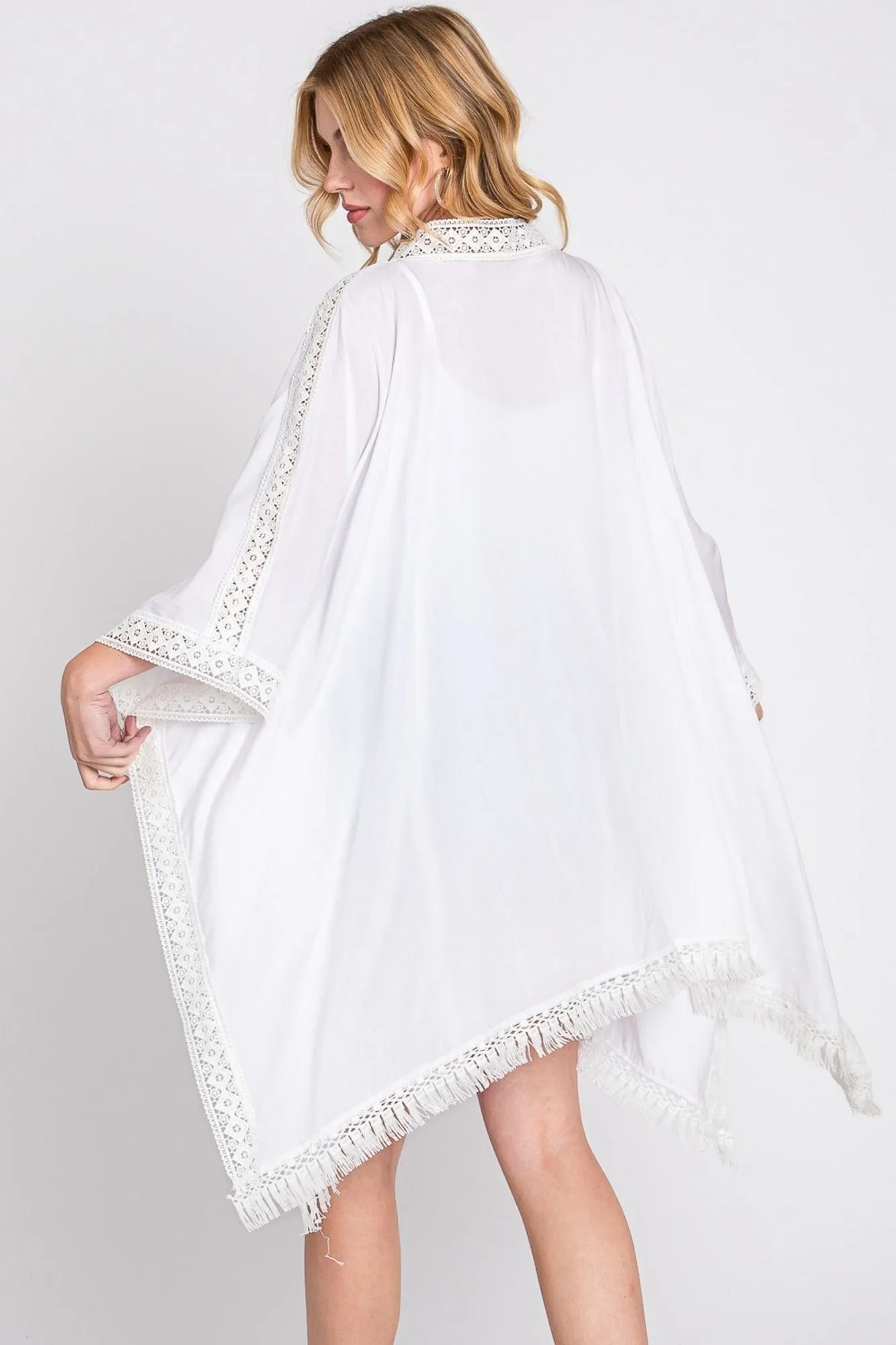 MS0363 Gabriella Aztec Lace Trim Poncho With Tassel