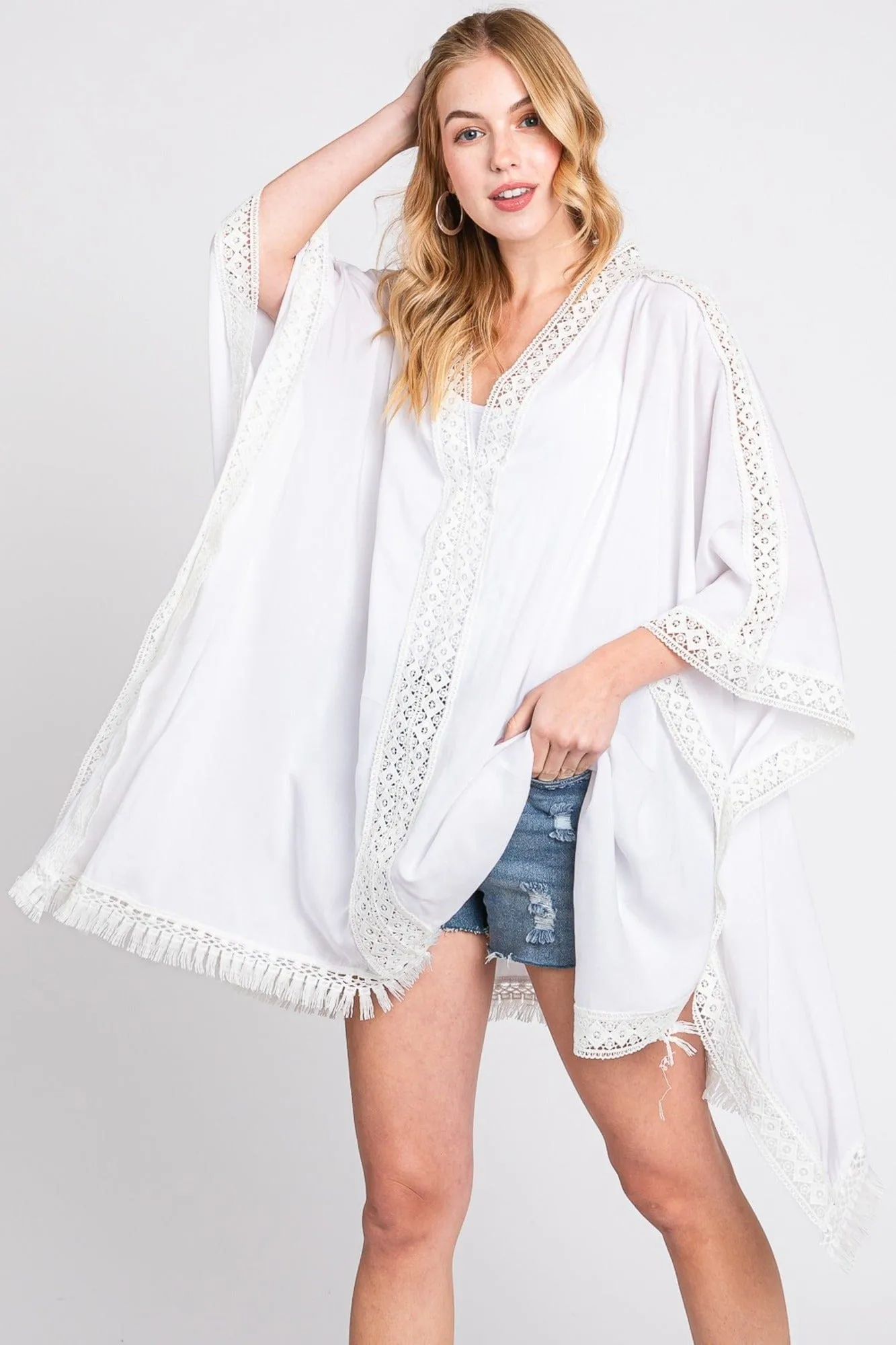 MS0363 Gabriella Aztec Lace Trim Poncho With Tassel