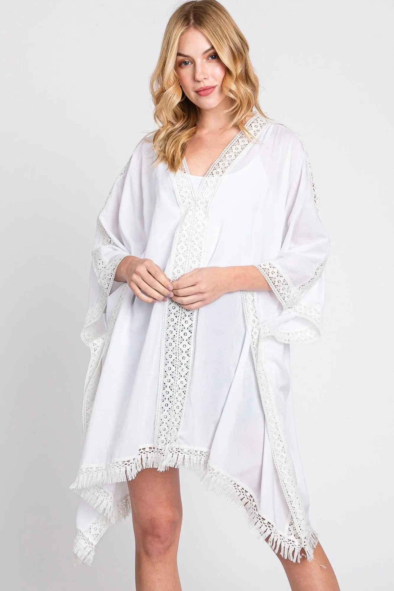 MS0363 Gabriella Aztec Lace Trim Poncho With Tassel