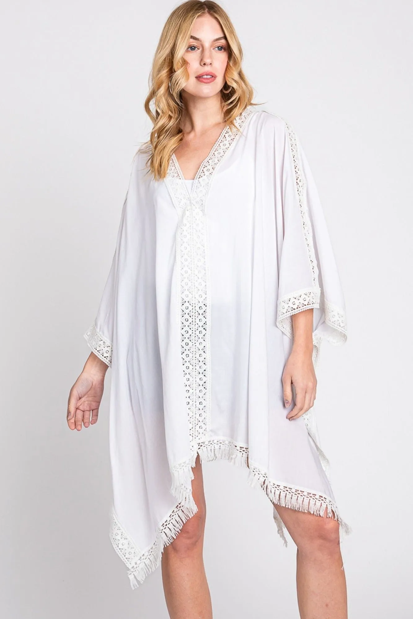 MS0363 Gabriella Aztec Lace Trim Poncho With Tassel