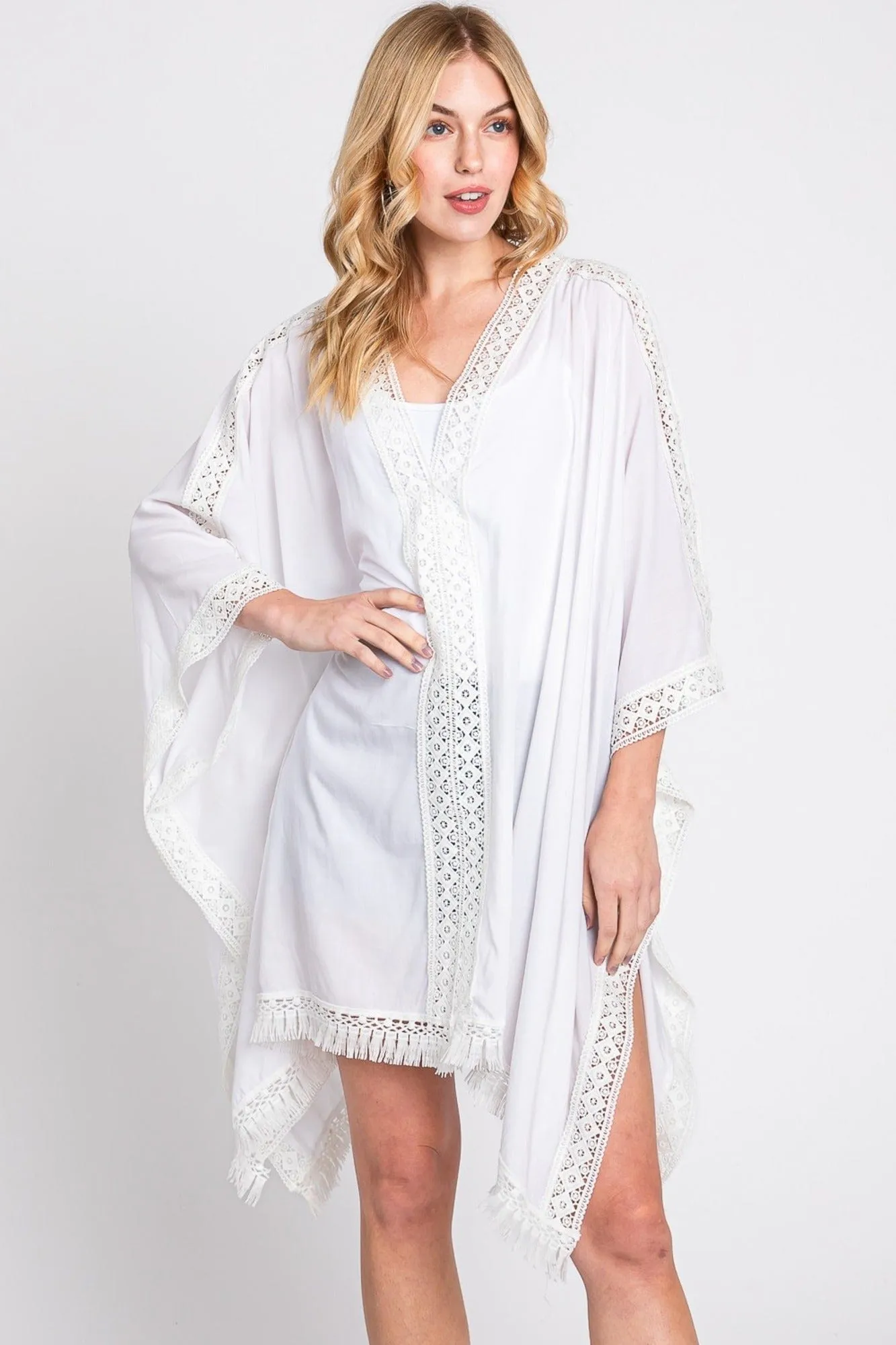 MS0363 Gabriella Aztec Lace Trim Poncho With Tassel