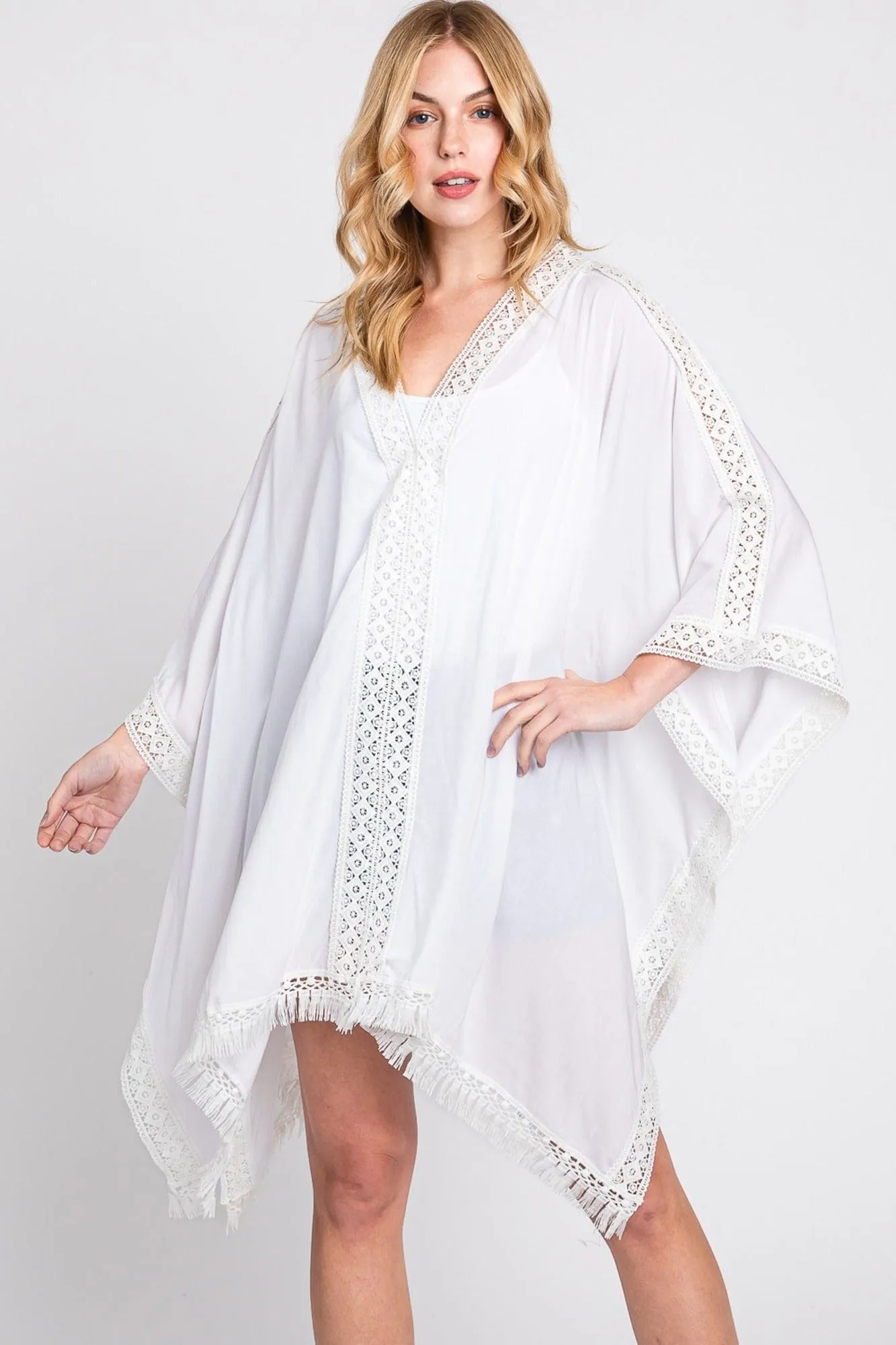 MS0363 Gabriella Aztec Lace Trim Poncho With Tassel