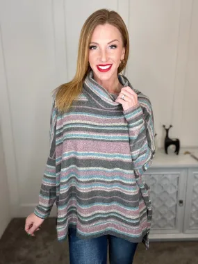 Multi Striped Cowl Neck Top in Gray/Mauve