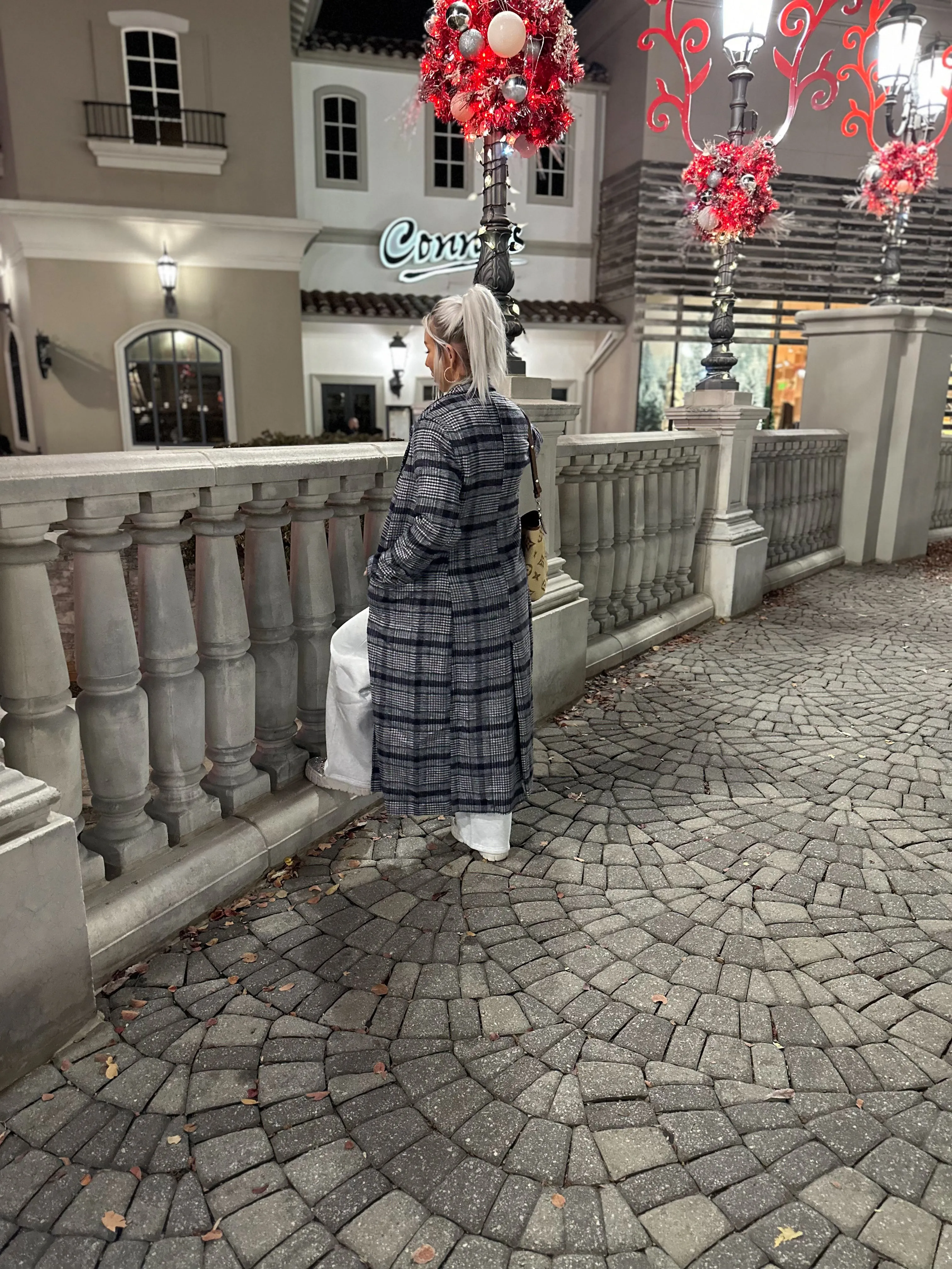 Navy Blue Plaid Longline Trench Coat