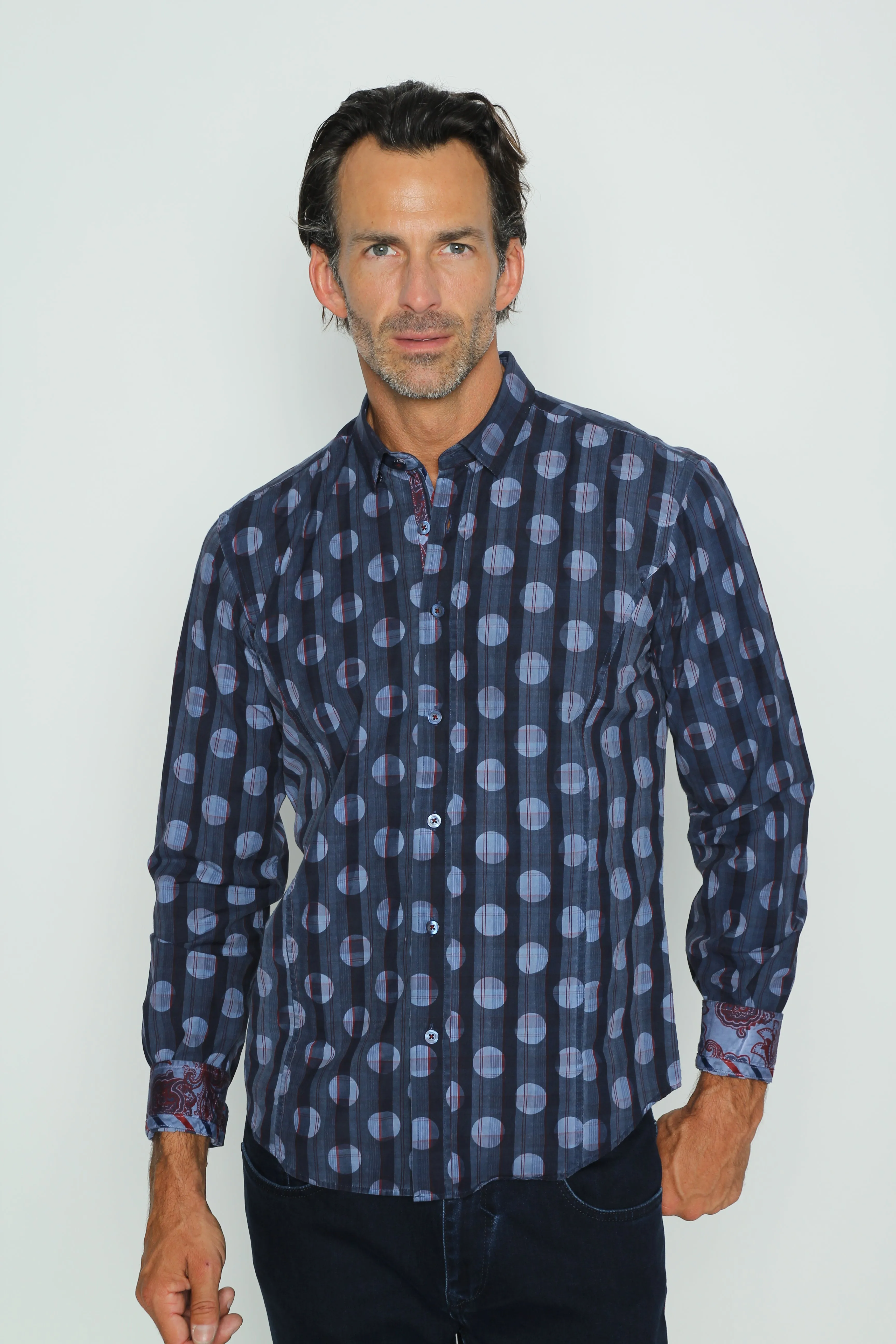 Navy Polka Dot Button Down Shirt W/Paisley Trim