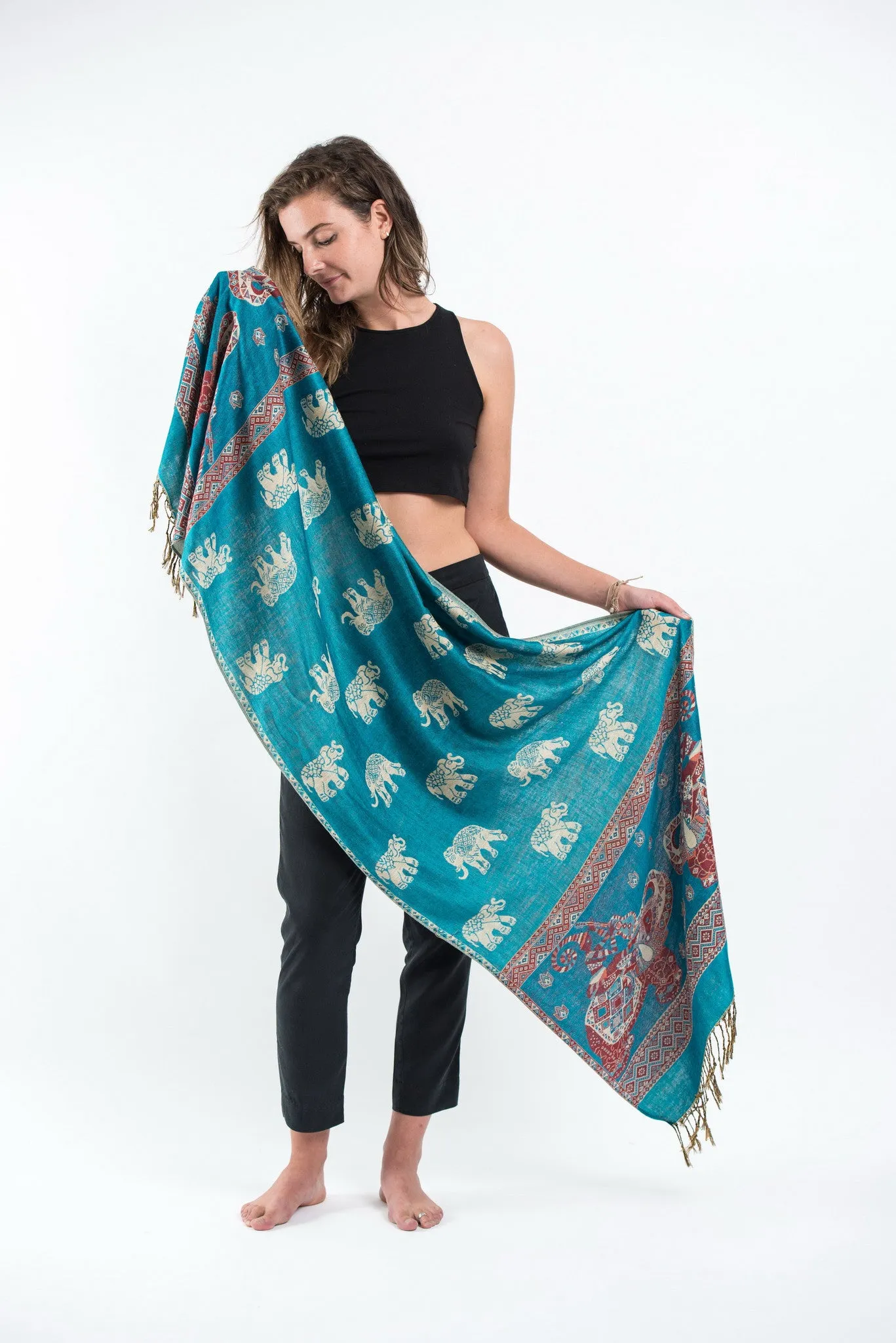 Nepal Elephant Pashmina Shawl Scarf in Blue