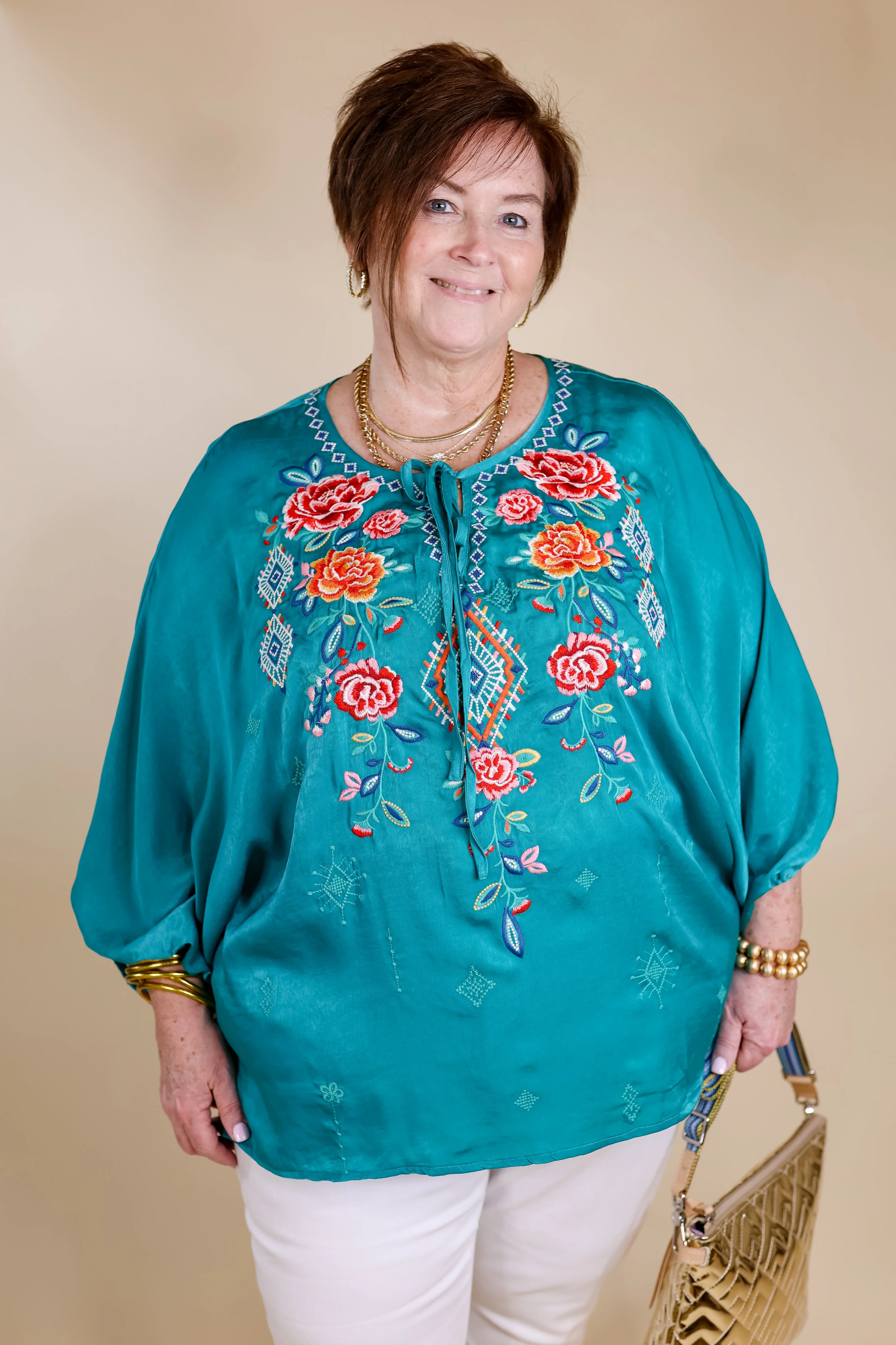 Never Out Done Floral Embroidered Poncho Top with Front Keyhole in Teal