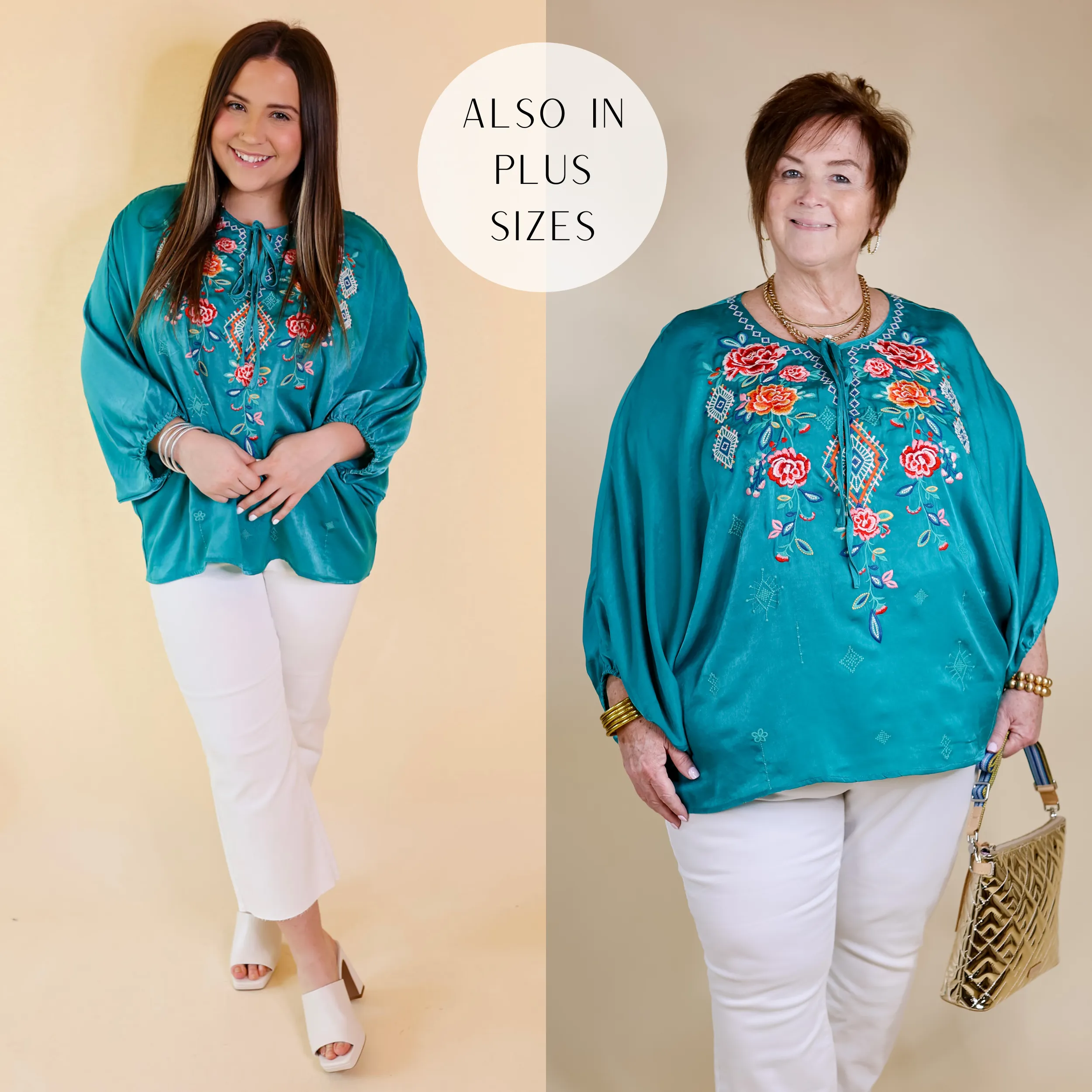 Never Out Done Floral Embroidered Poncho Top with Front Keyhole in Teal