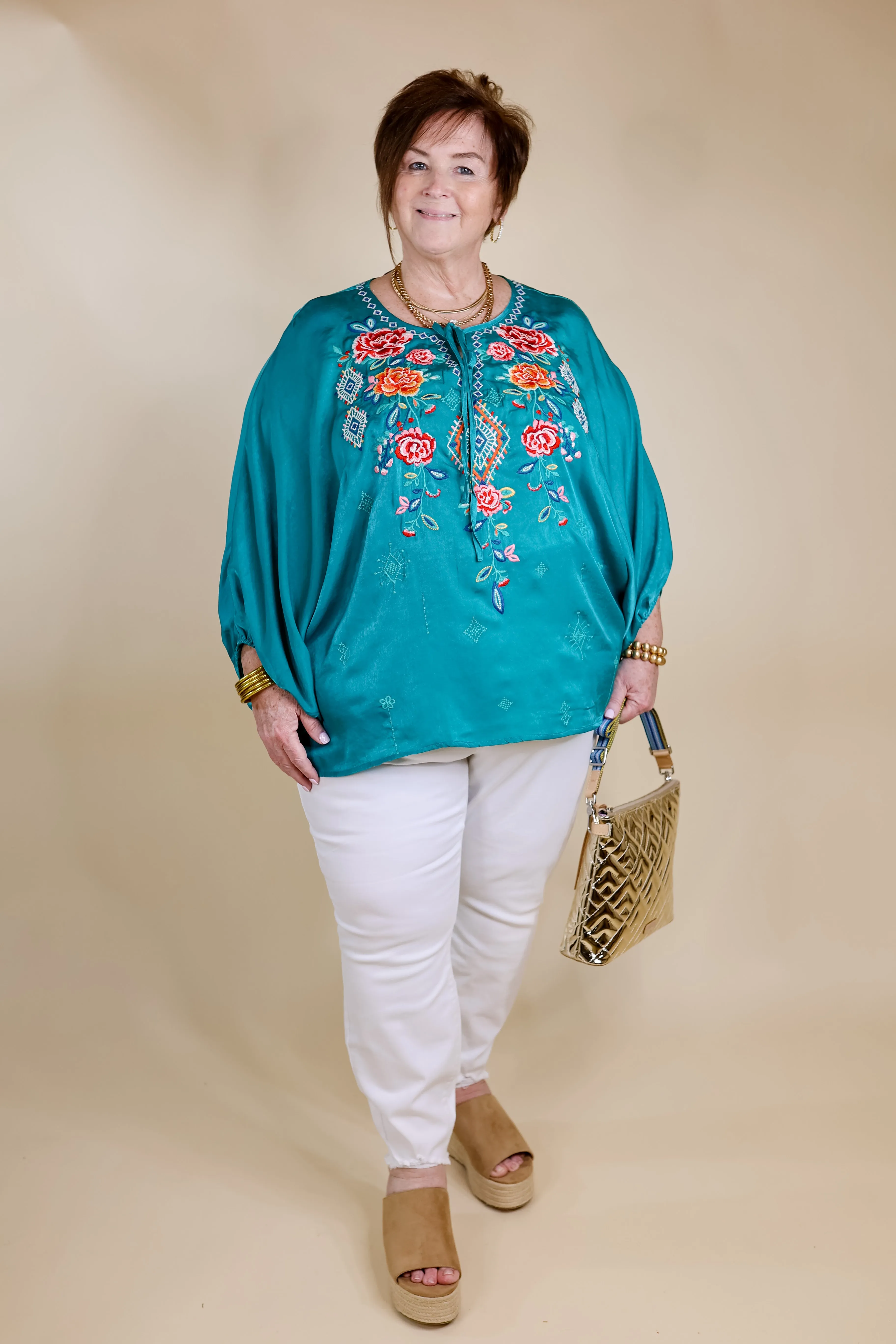 Never Out Done Floral Embroidered Poncho Top with Front Keyhole in Teal