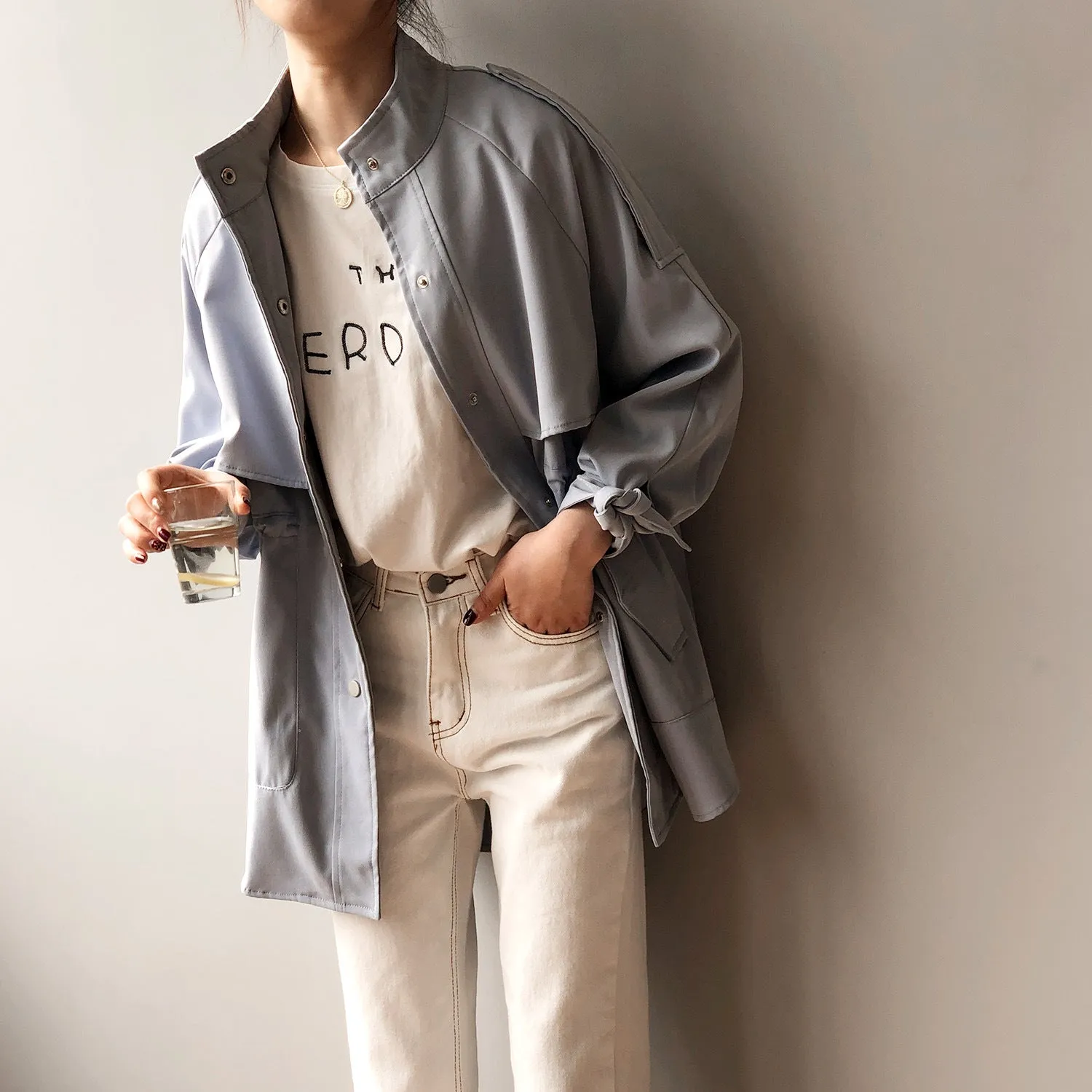 New Korean loose fit short trench coat raglan sleeves for women casual outfit