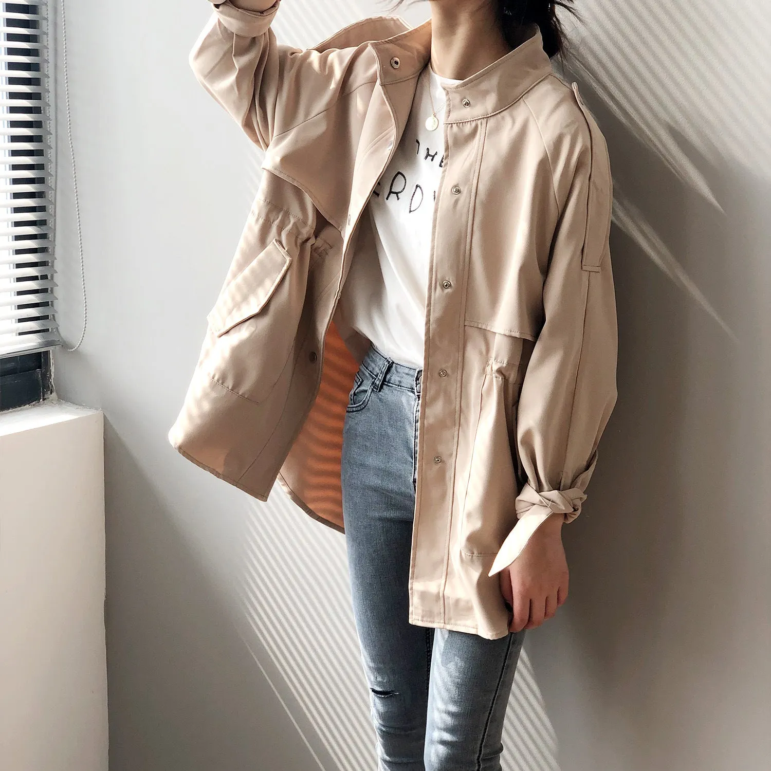 New Korean loose fit short trench coat raglan sleeves for women casual outfit