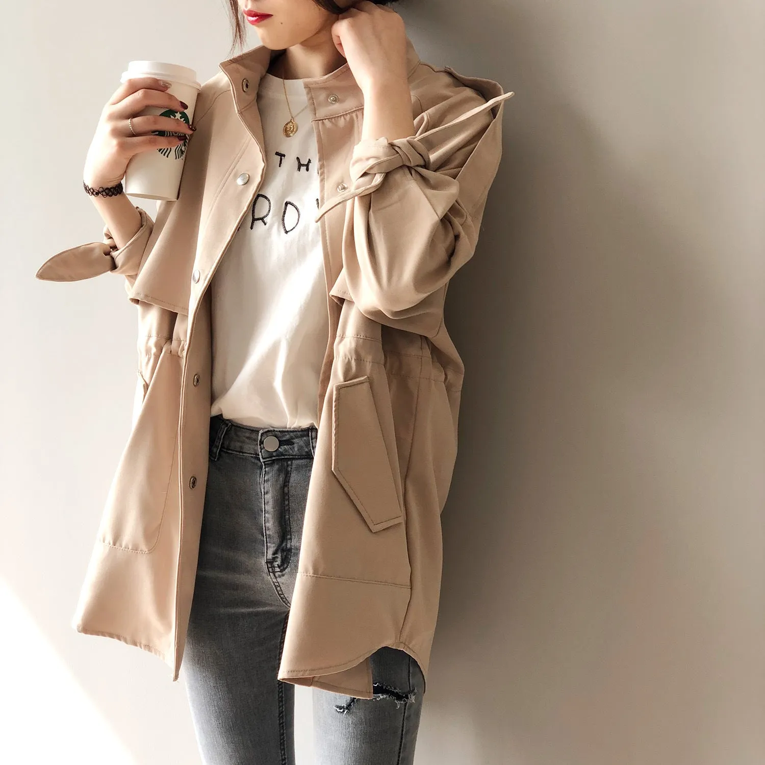 New Korean loose fit short trench coat raglan sleeves for women casual outfit