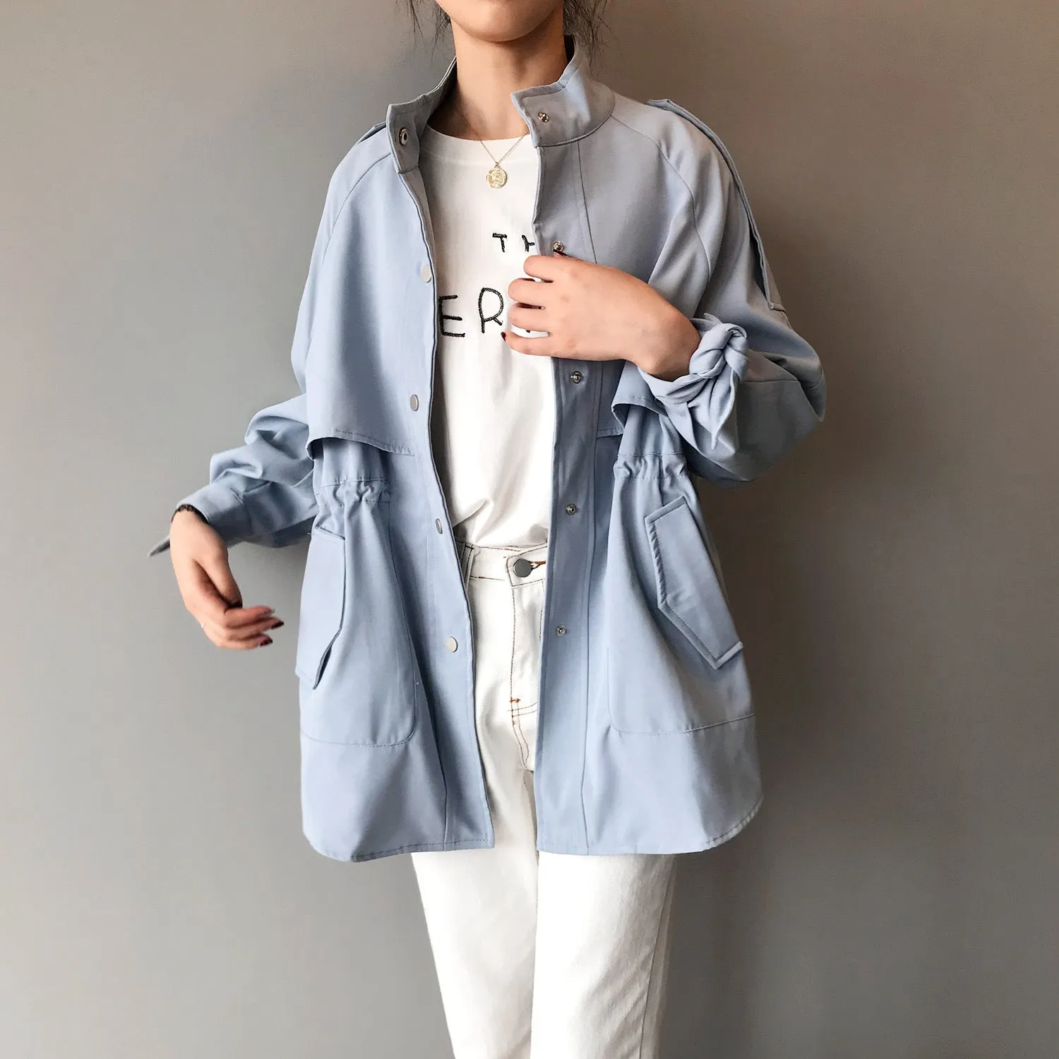 New Korean loose fit short trench coat raglan sleeves for women casual outfit