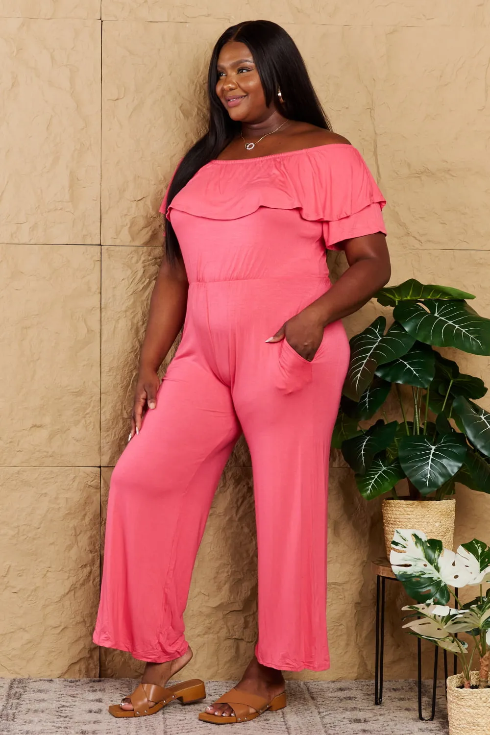 Off-Shoulder Vacation Jumpsuit with Pockets