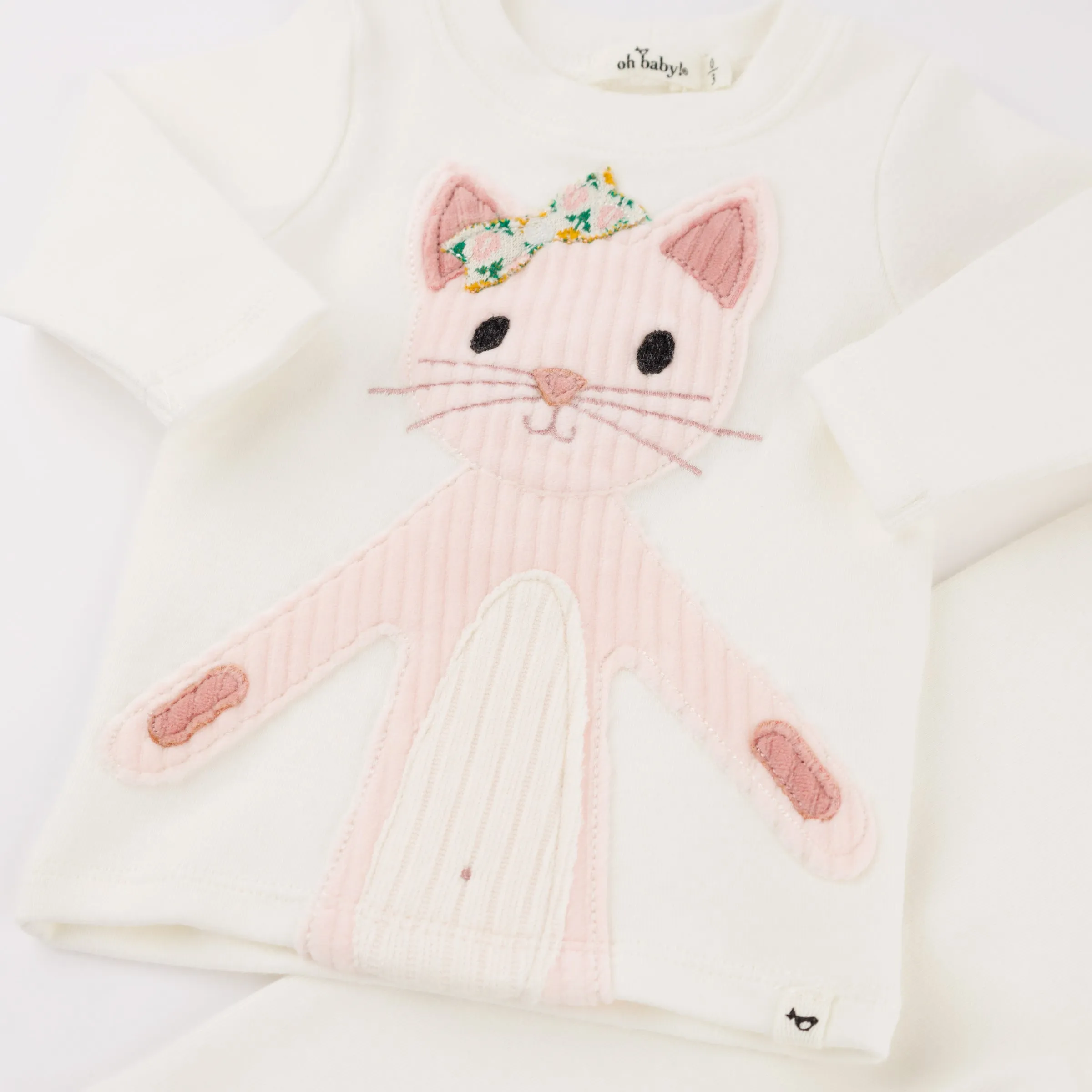 oh baby! Two Piece Set - Quilted Kitty Applique - Cream