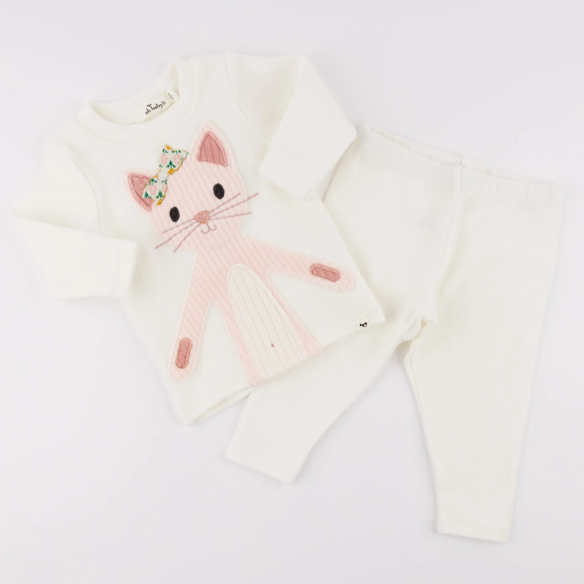 oh baby! Two Piece Set - Quilted Kitty Applique - Cream