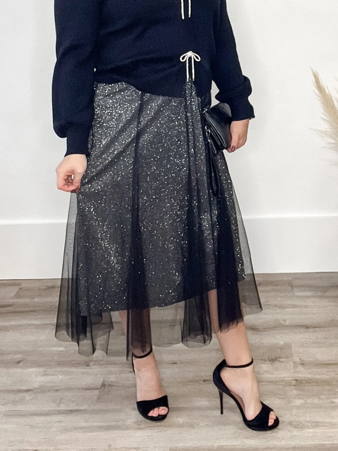 Ombre Glitter Mesh Midi Skirt - Black