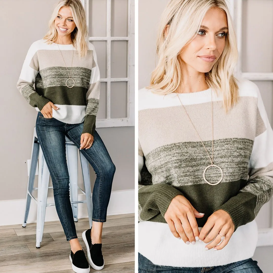 On Your Way Up Olive Green Colorblock Sweater