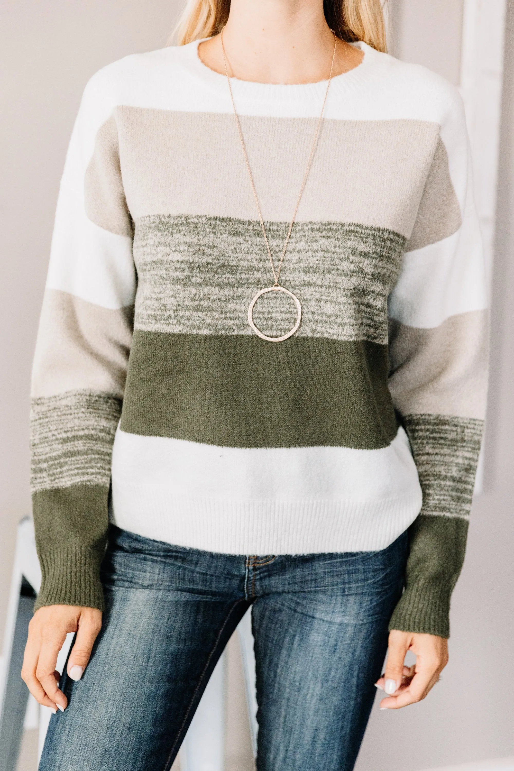 On Your Way Up Olive Green Colorblock Sweater