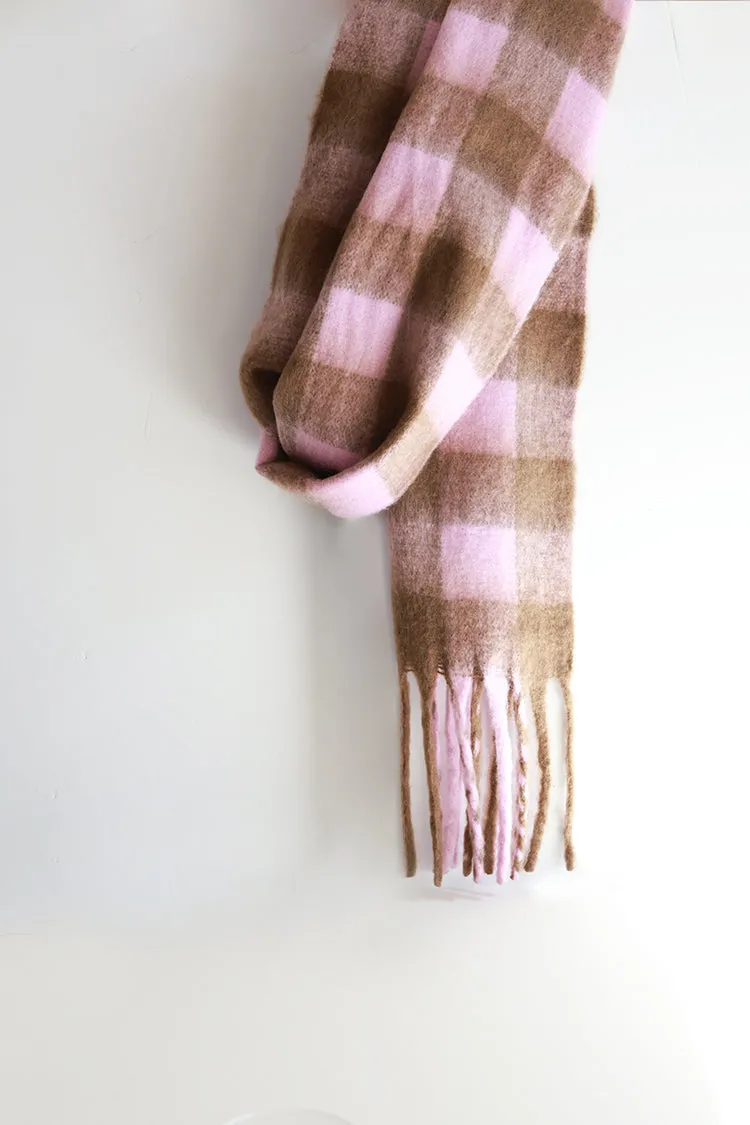 Oversized Pink and Brown Buffalo Check Scarf