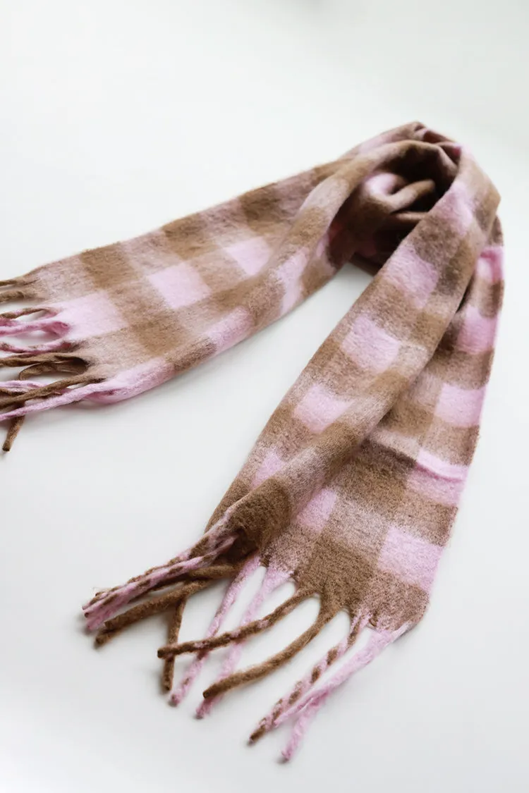 Oversized Pink and Brown Buffalo Check Scarf