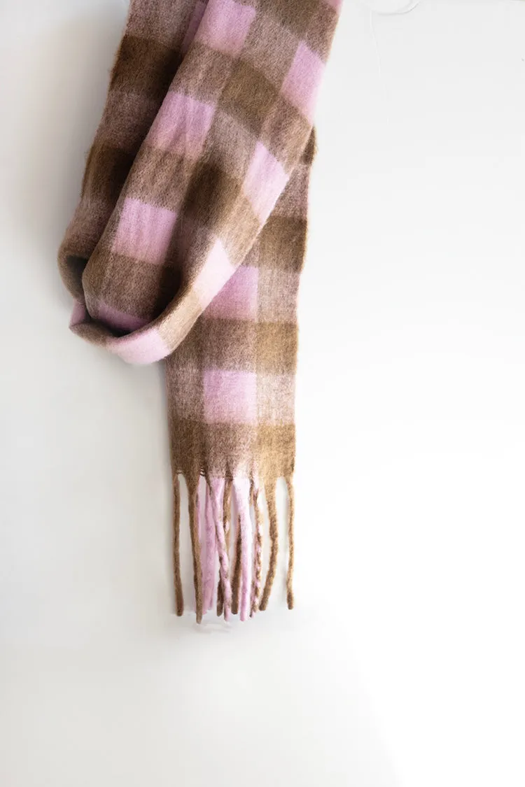 Oversized Pink and Brown Buffalo Check Scarf