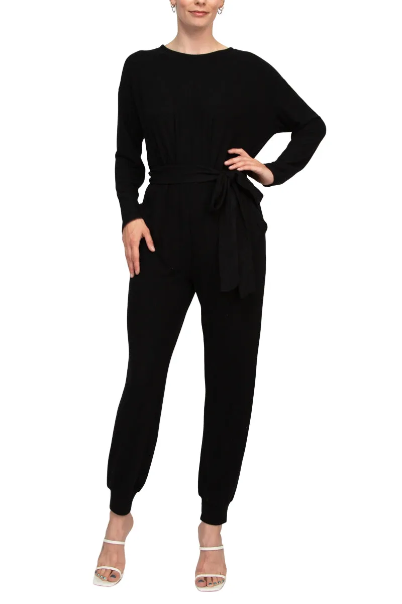 Philosophy Crew Neck Dolman Long Sleeve Tie Waist Elastic Hem Pockets Jersey Knit Jumpsuit