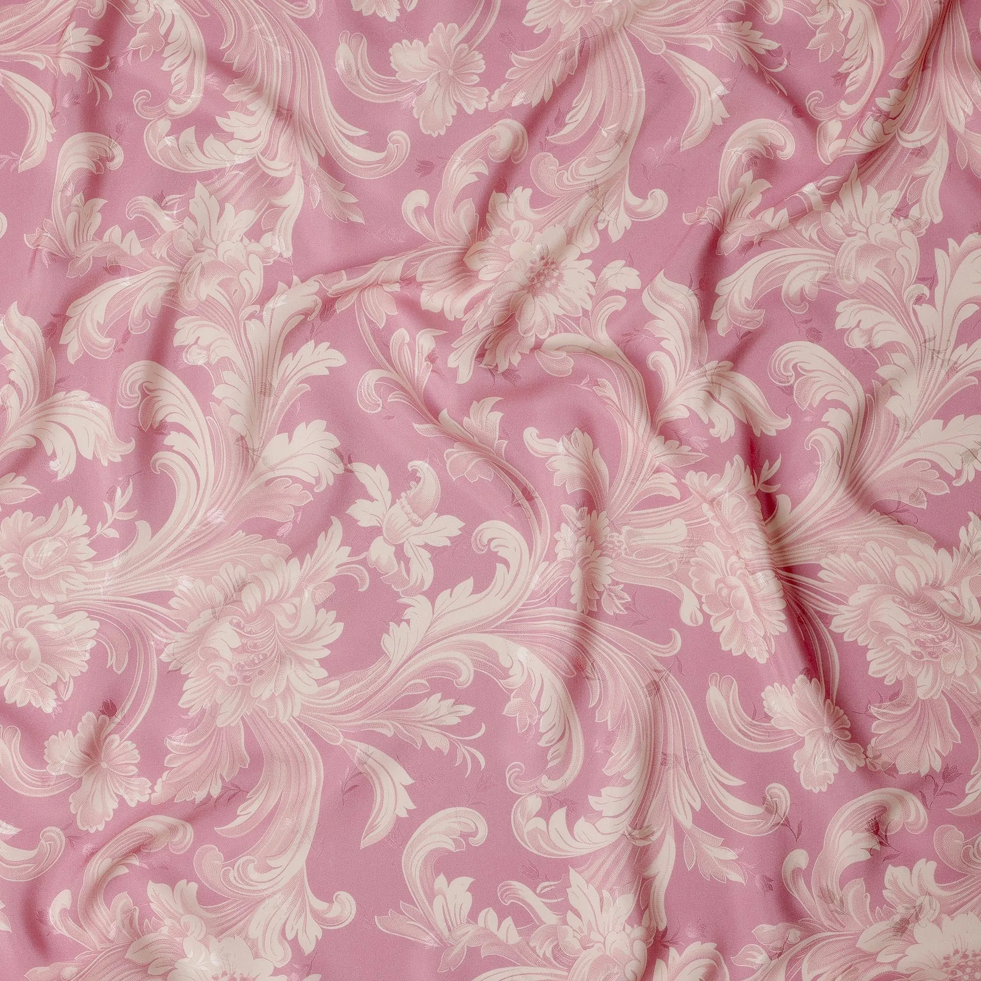 Pink and Ivory Baroque Print Pure Silk Satin Fabric, 140 cm Width, Made in Italy -D21168