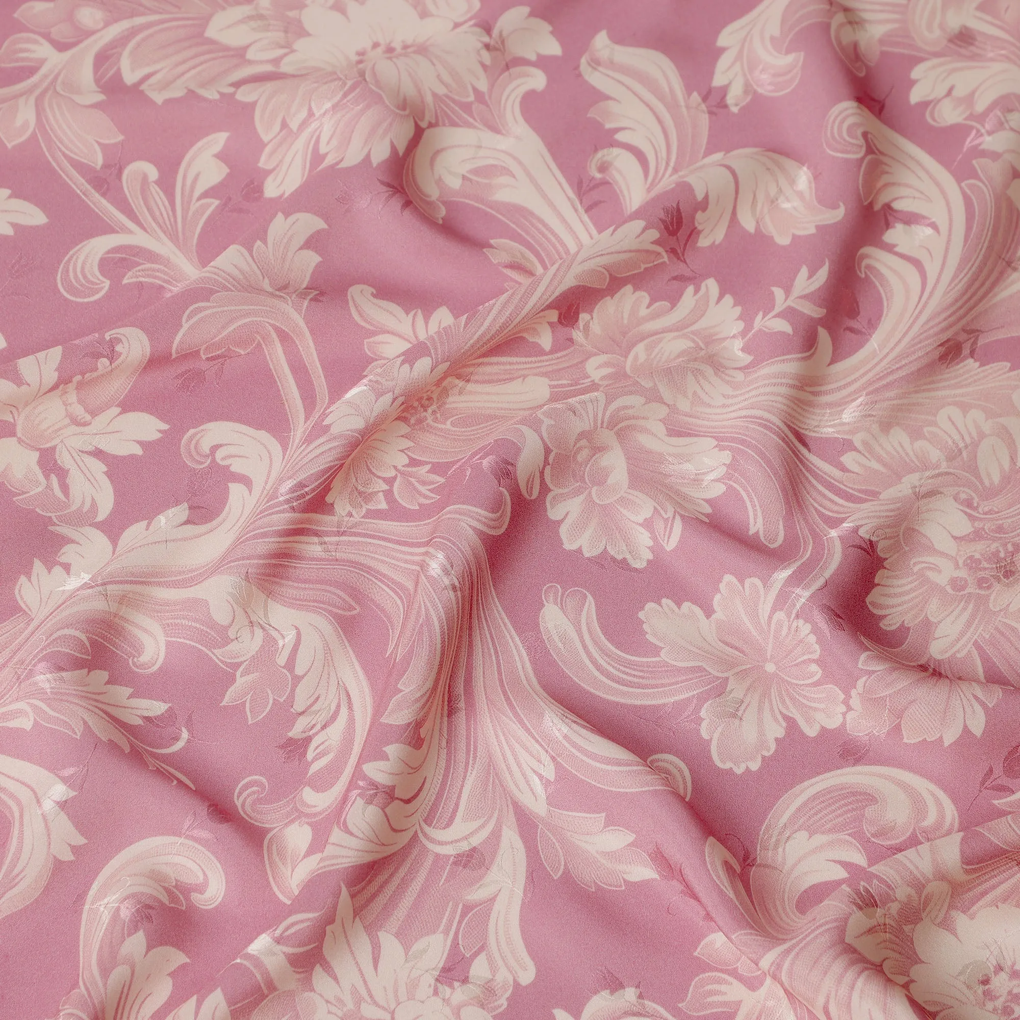 Pink and Ivory Baroque Print Pure Silk Satin Fabric, 140 cm Width, Made in Italy -D21168