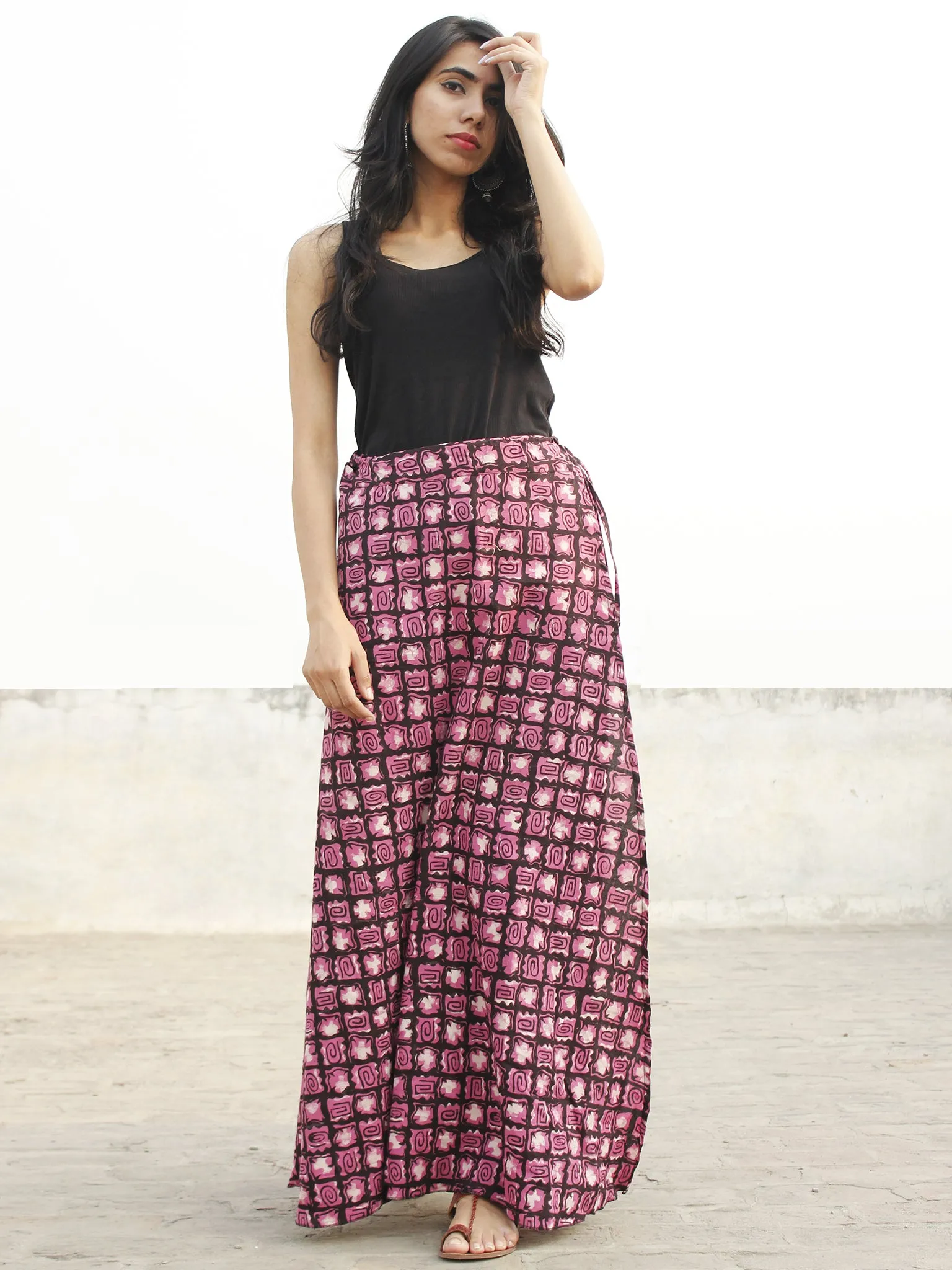 Pink Black Ivory Hand Block Printed Wrap Around Skirt  - S40F377