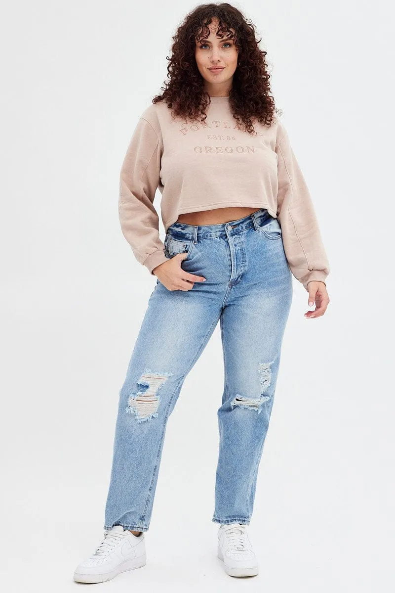 Pink Long Sleeve Portland Embroidered Semi Crop Sweater