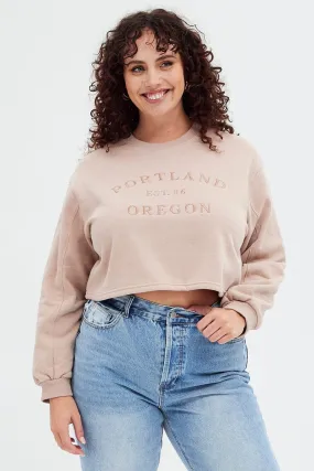 Pink Long Sleeve Portland Embroidered Semi Crop Sweater