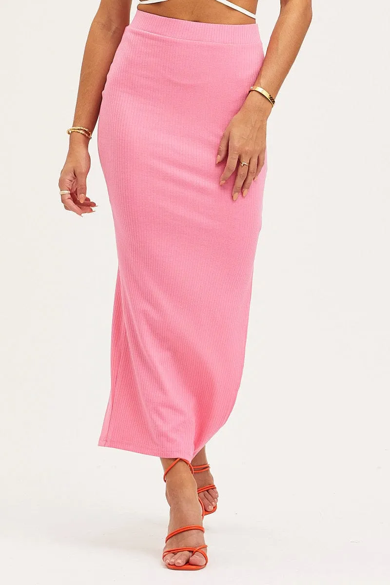 Pink Midi Skirt High Rise Ribbed Jersey