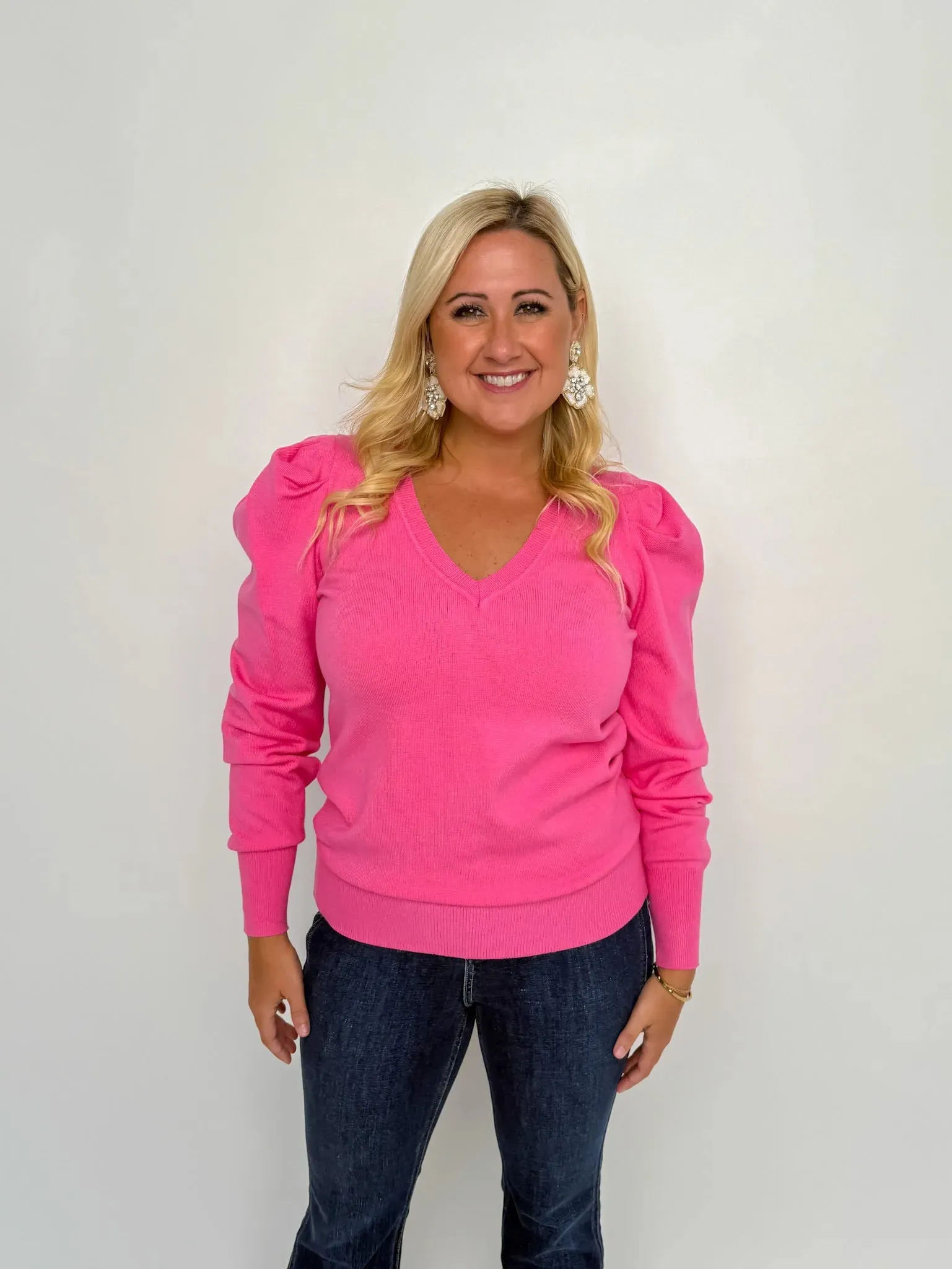 Pink V Neck Puff Sleeve Sweater