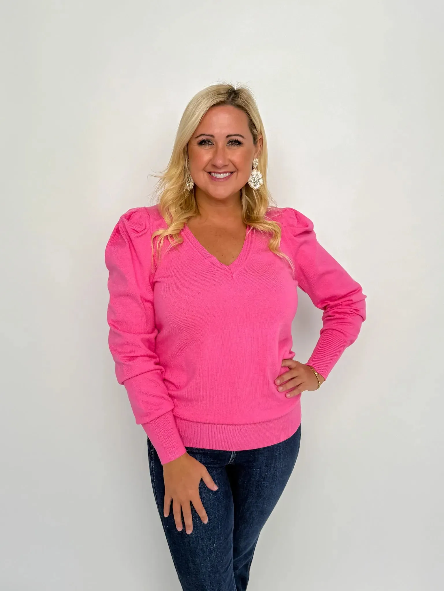 Pink V Neck Puff Sleeve Sweater