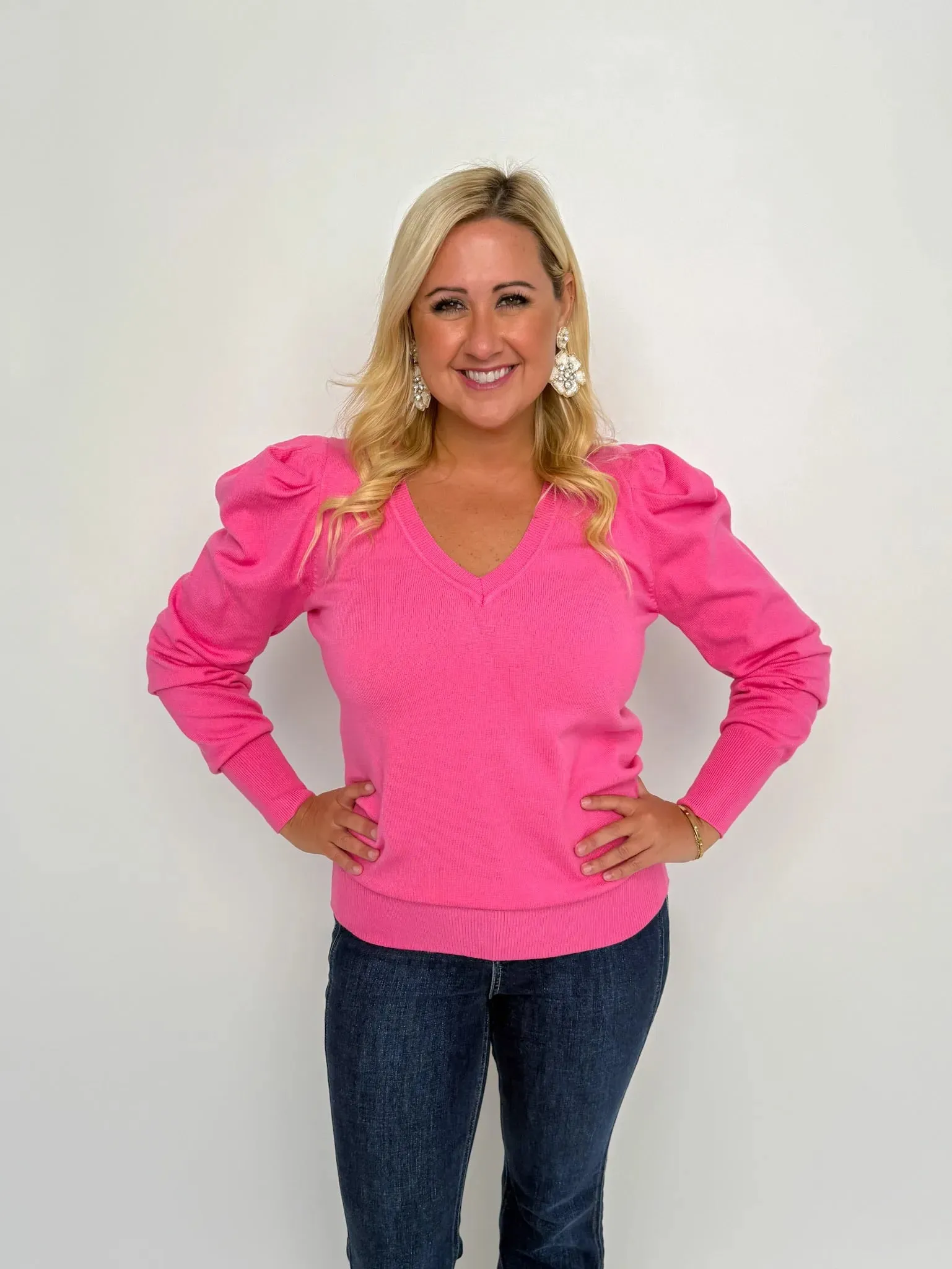 Pink V Neck Puff Sleeve Sweater