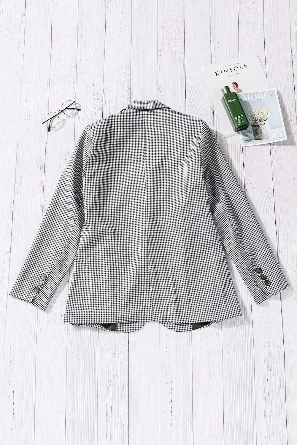 Plaid Lapel Collar Button Cuff Blazer