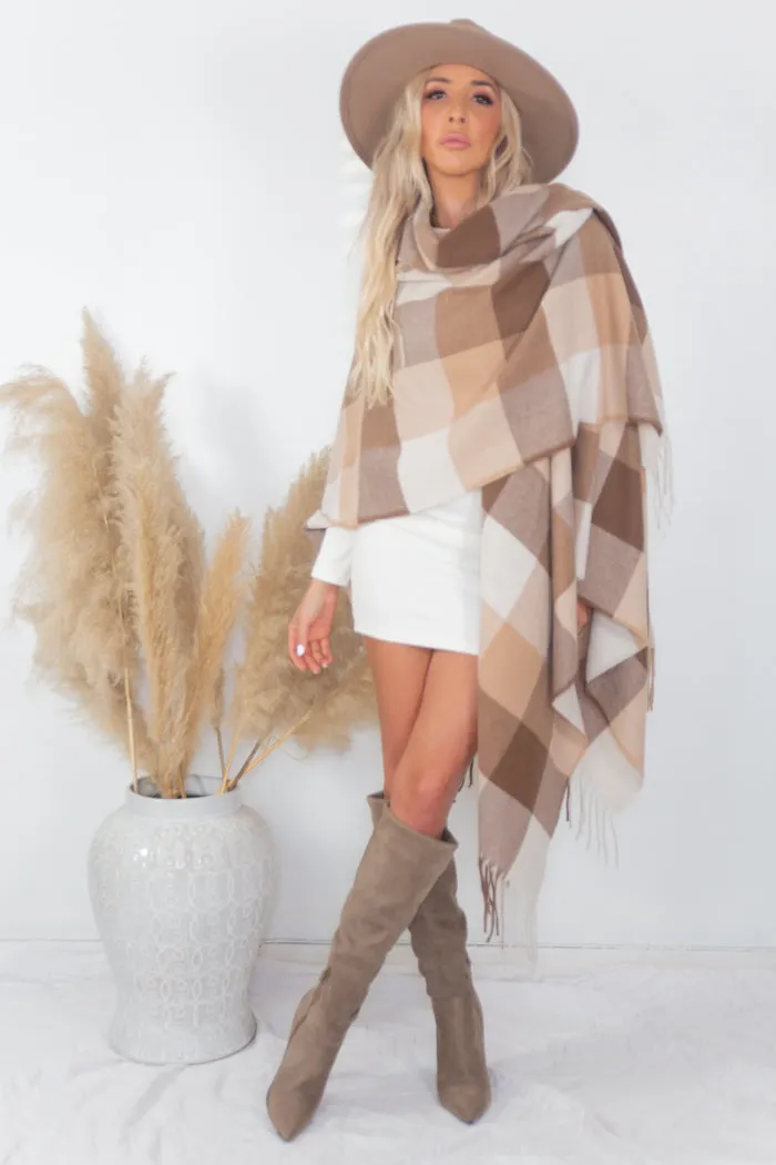 Plaid Poncho - Beige