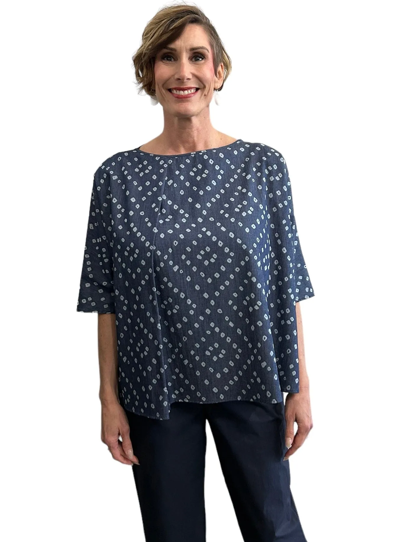 Pleaded Blouse 3/4 Sleeves Round Neck Blue