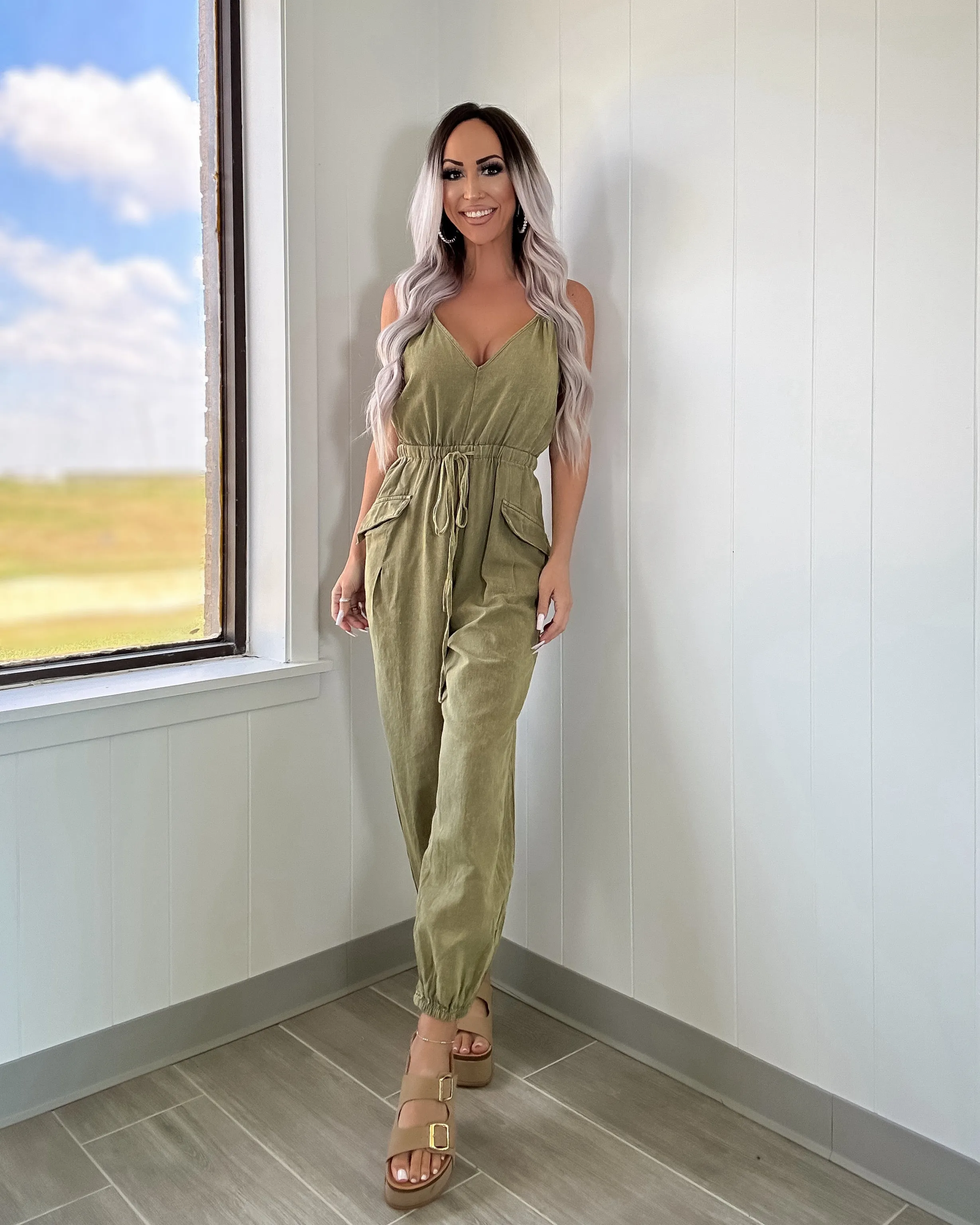 Pocketful Of Style Cargo Jumpsuit - Olive