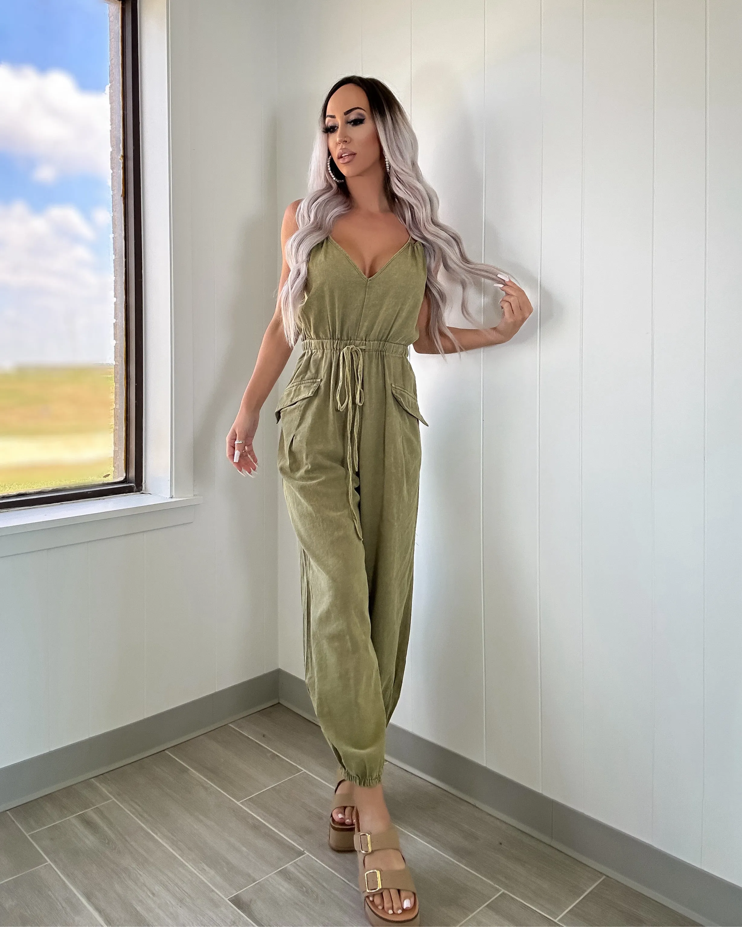 Pocketful Of Style Cargo Jumpsuit - Olive