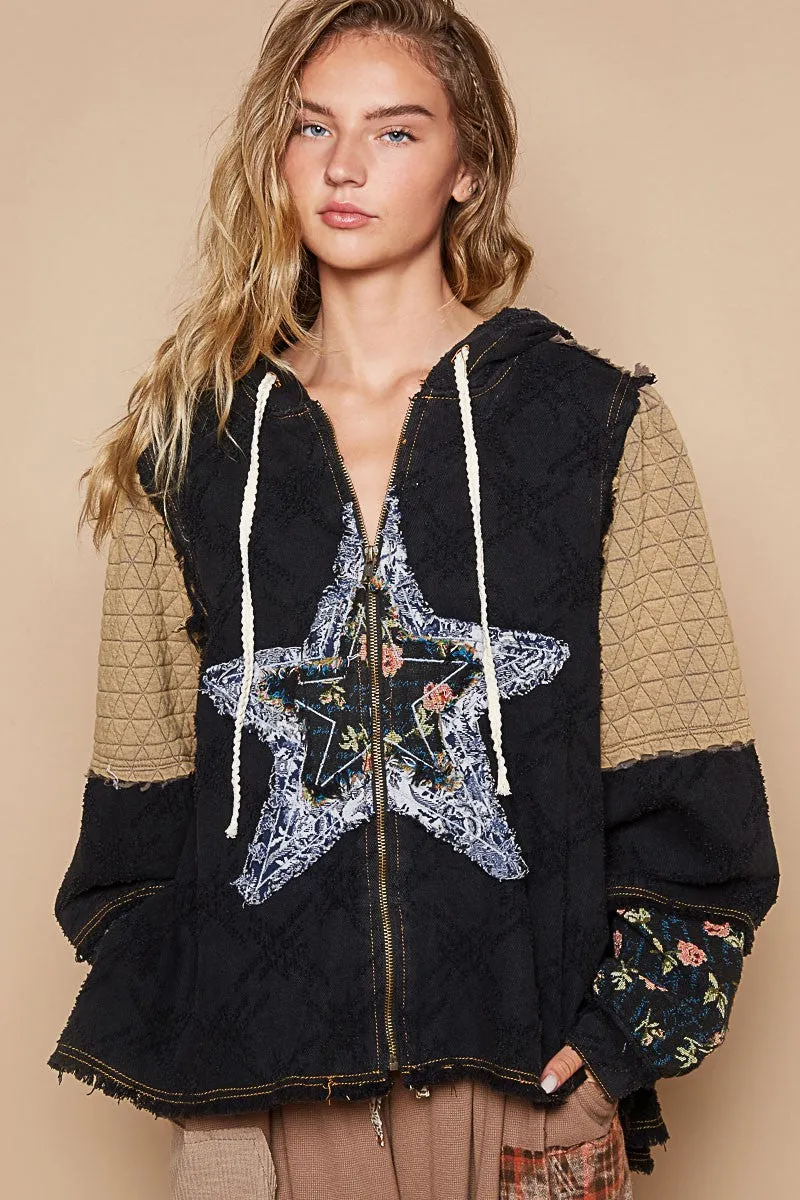 POL OVERSIZED Front Jacquard Star Patched Hooded Jacket in Black Multi