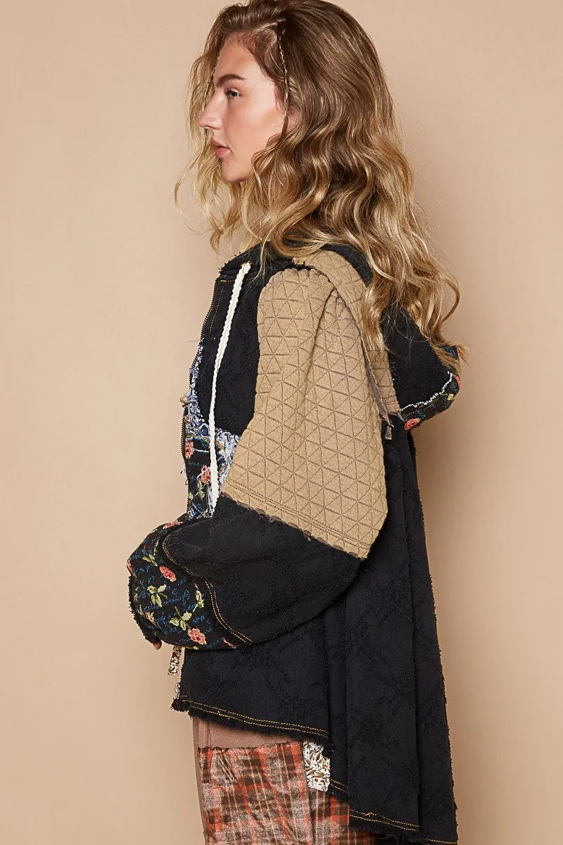 POL OVERSIZED Front Jacquard Star Patched Hooded Jacket in Black Multi