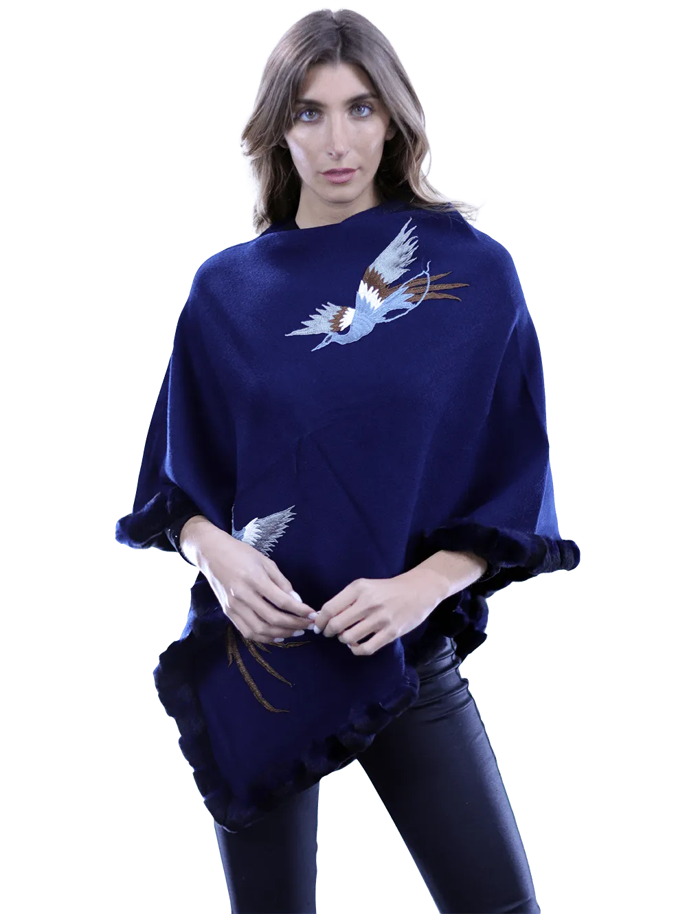 Poncho with embroidery and rex trim - Navy