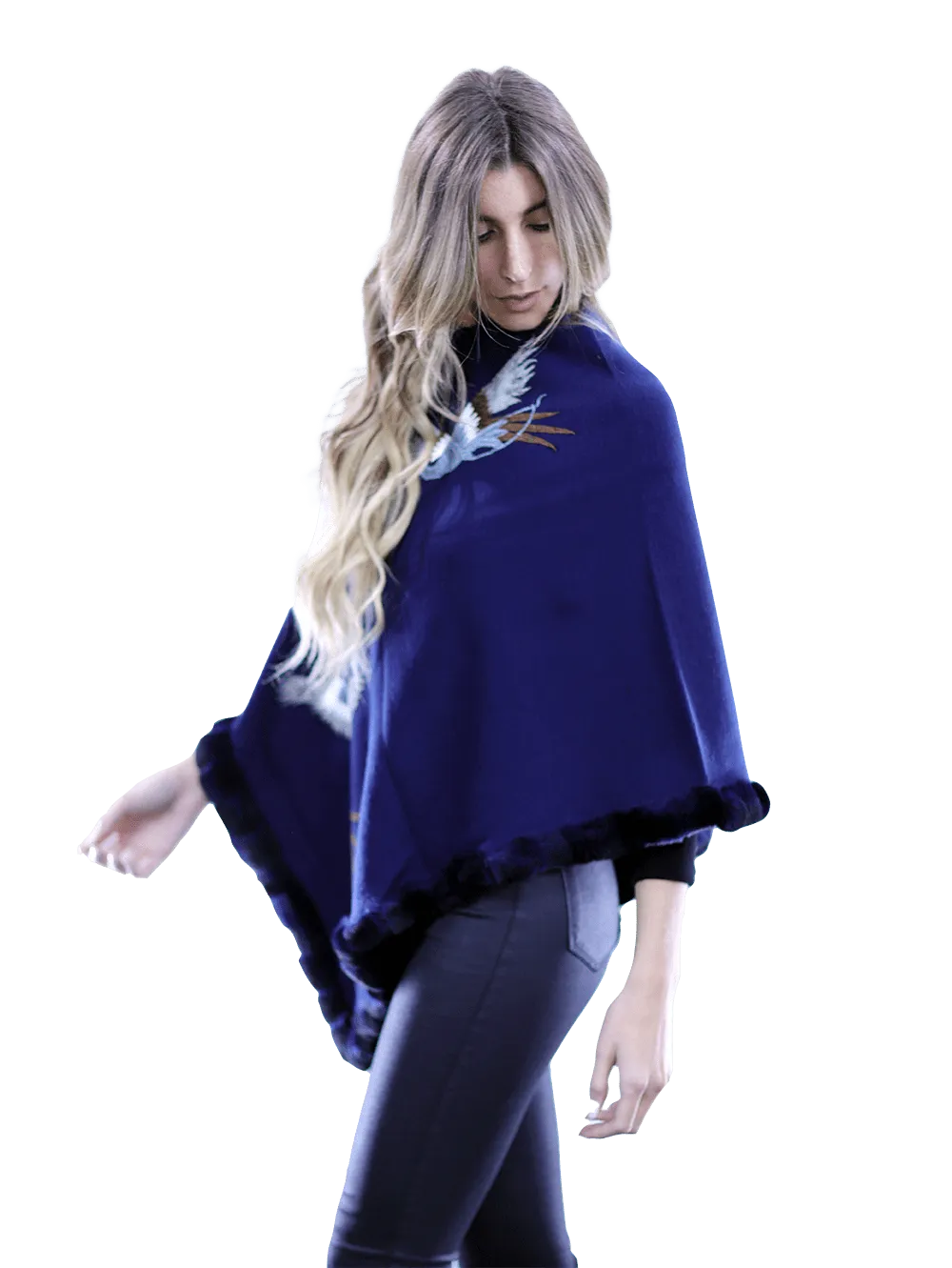 Poncho with embroidery and rex trim - Navy