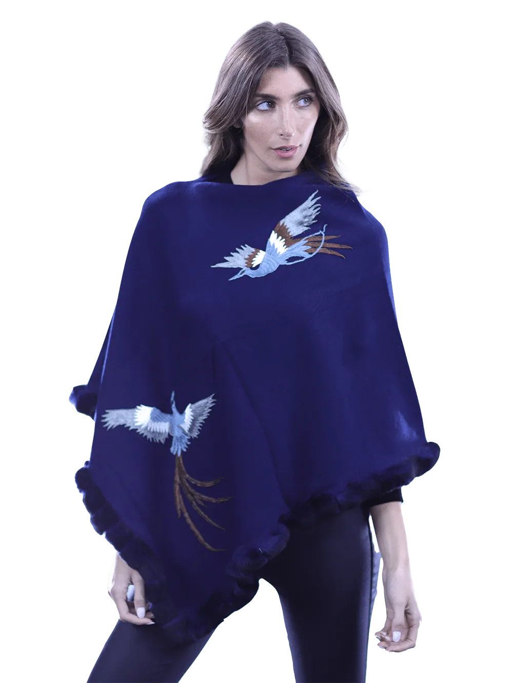 Poncho with embroidery and rex trim - Navy