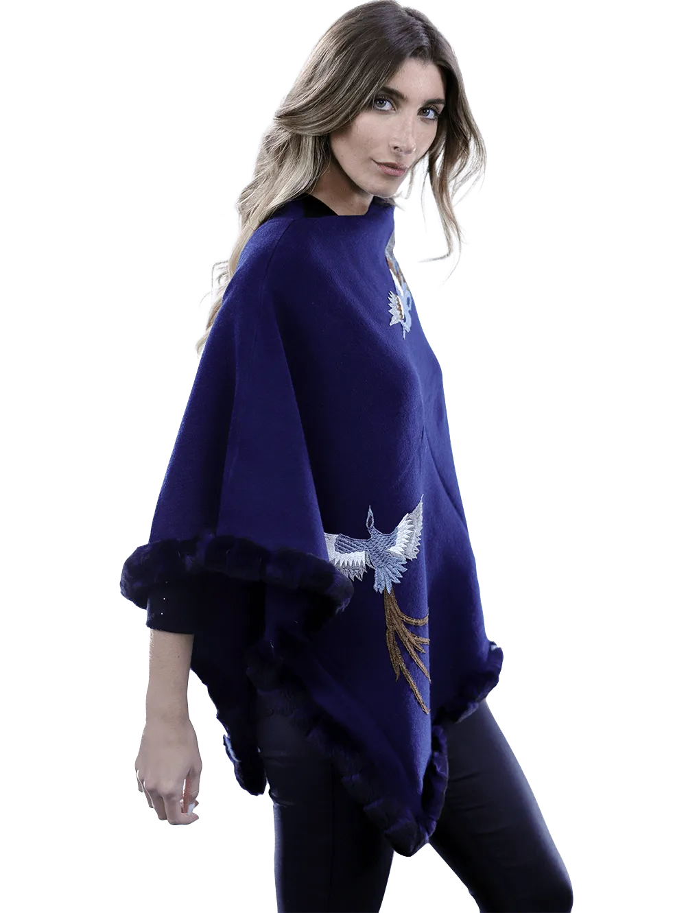 Poncho with embroidery and rex trim - Navy