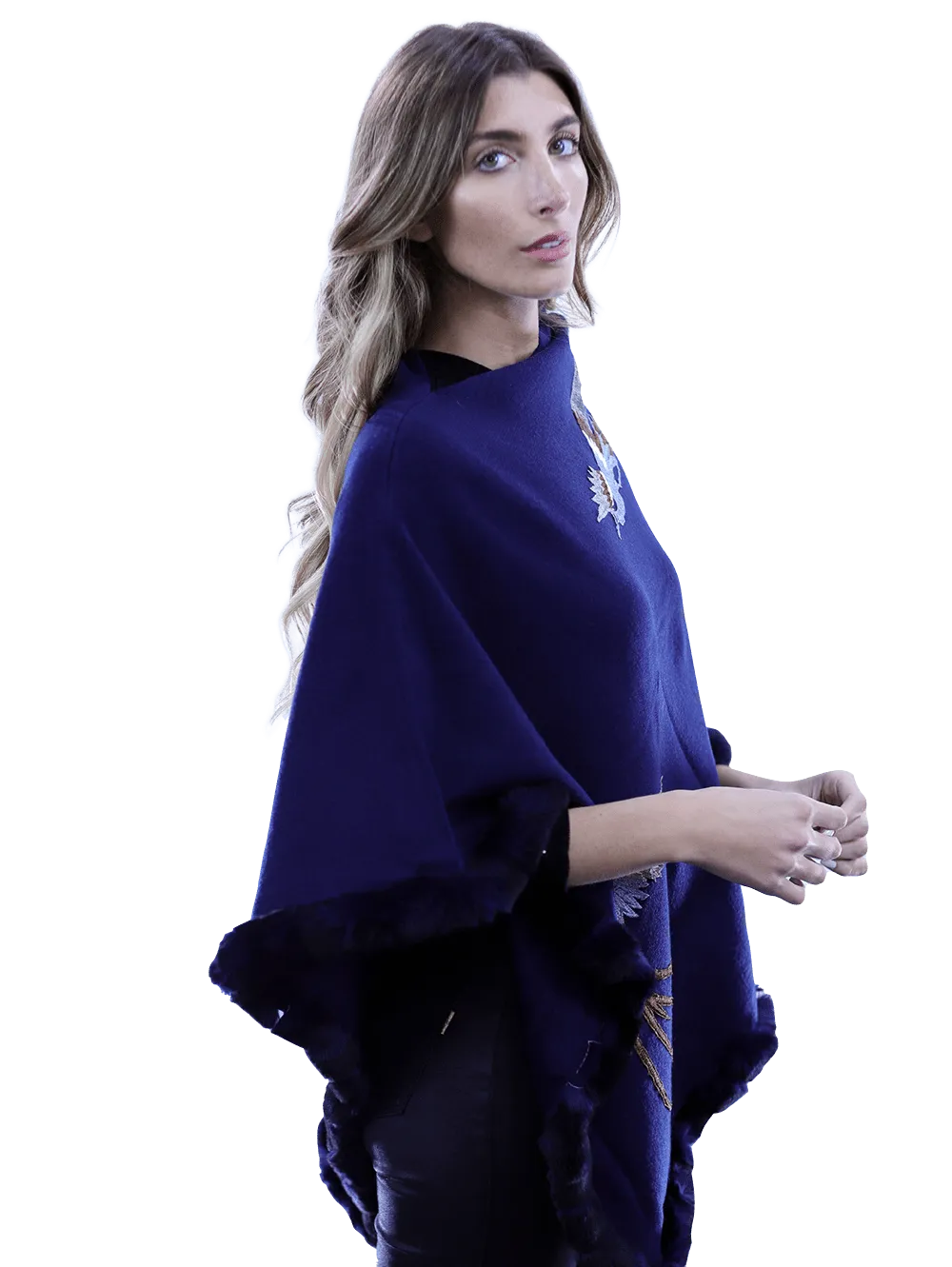 Poncho with embroidery and rex trim - Navy