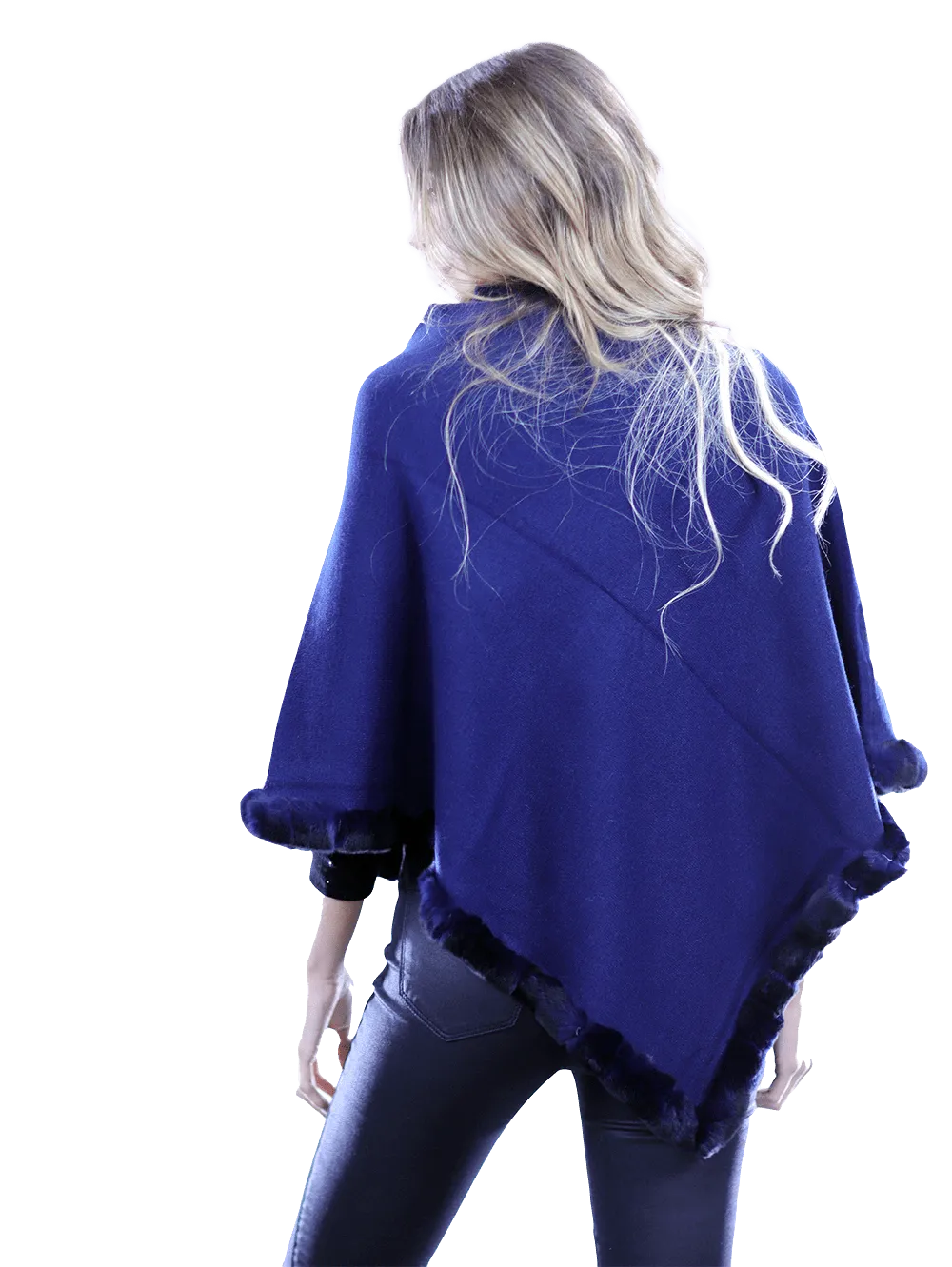 Poncho with embroidery and rex trim - Navy