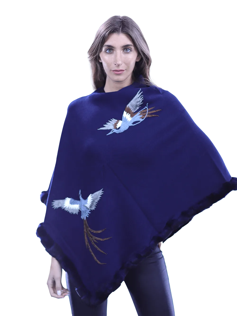 Poncho with embroidery and rex trim - Navy